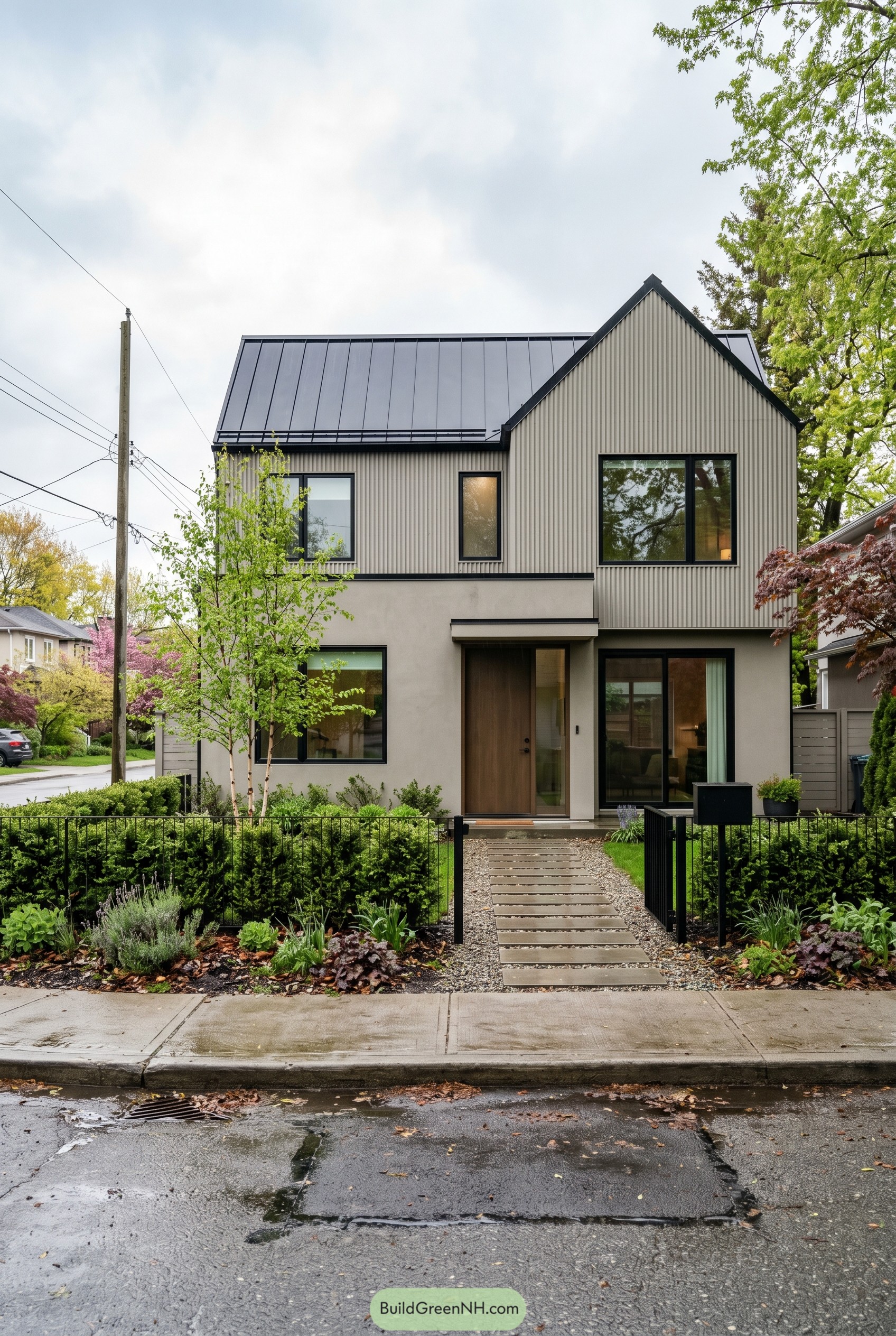 Modern greige two story gabled house with black roof