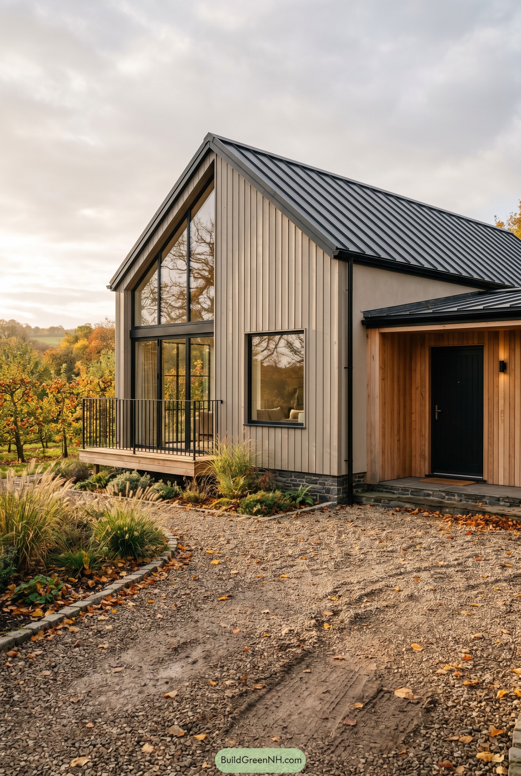 Greige gabled house with tall glazing and dark metal roof
