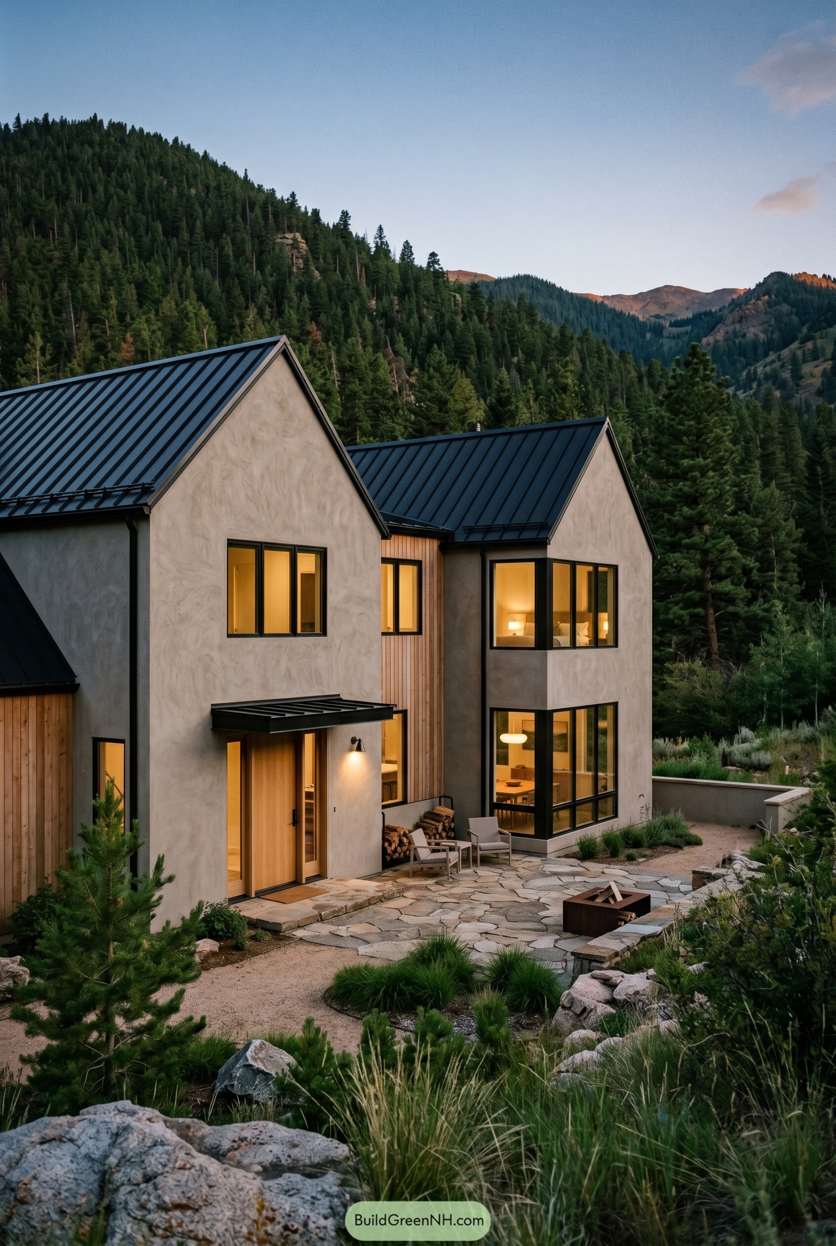 Greige modern house with black gabled roof in pine mountains