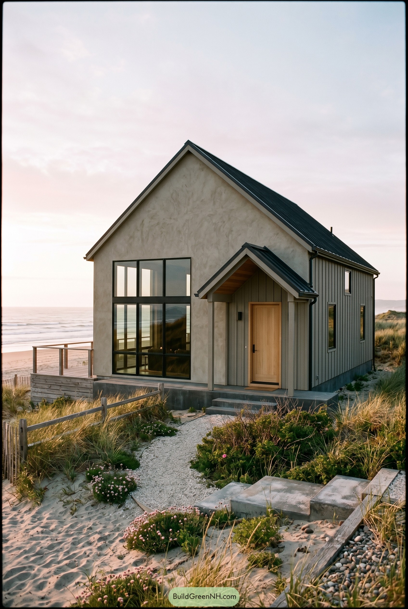 Modern greige gabled beach house with black roof