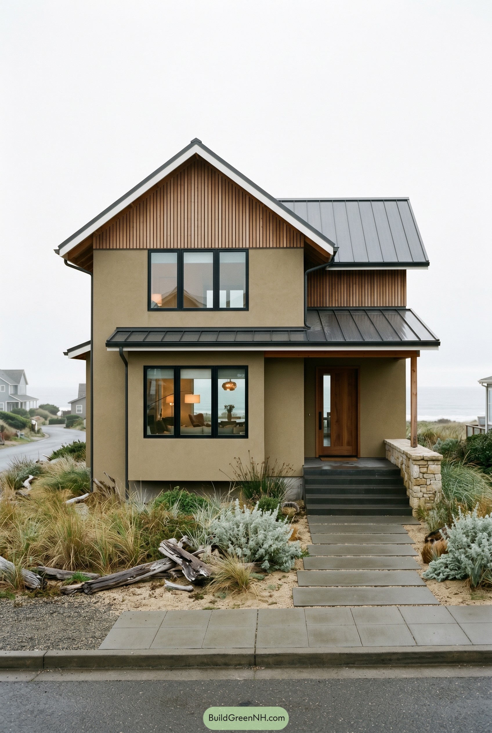 Khaki coastal gable house with metal roof