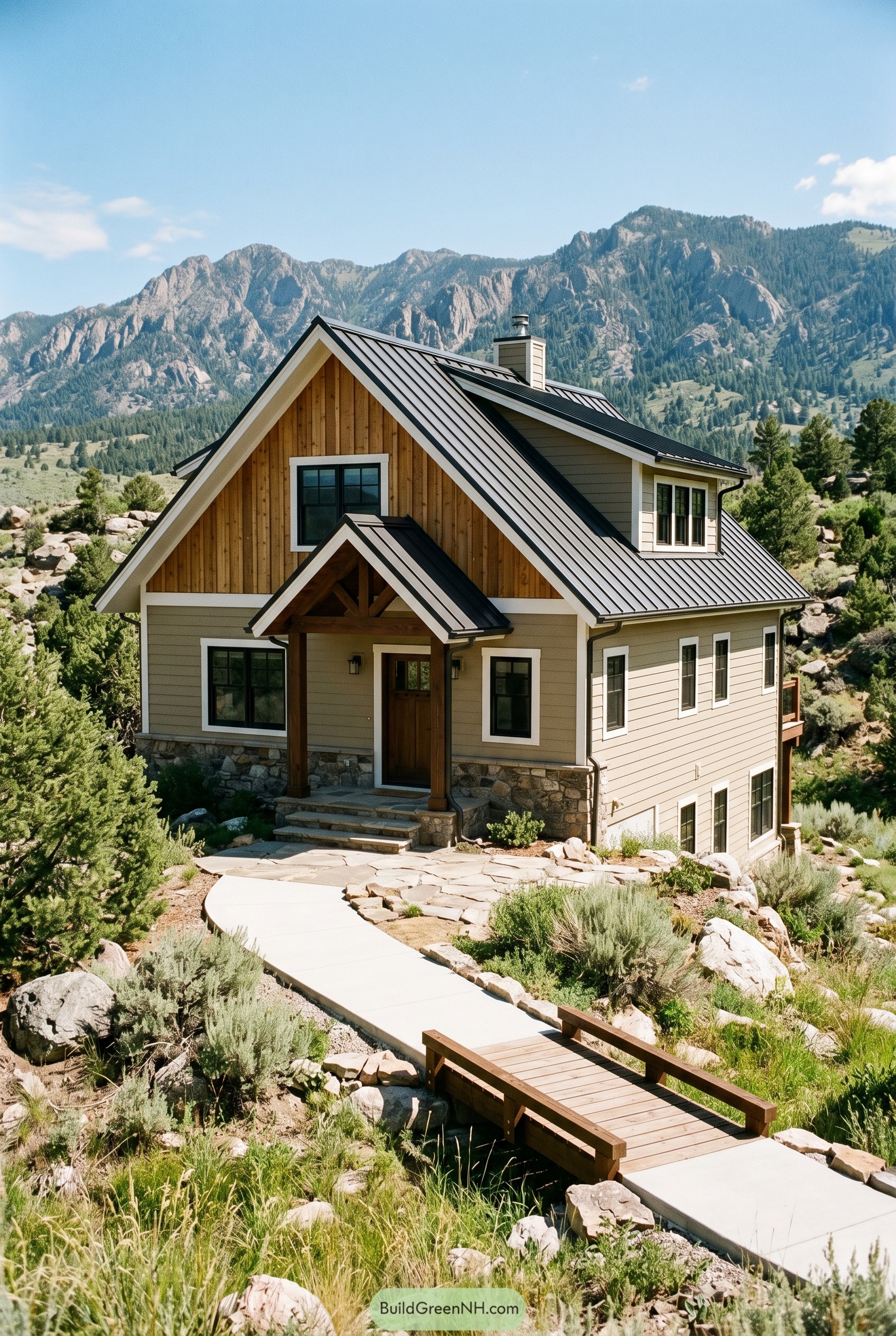 Khaki mountain house with steep gables and metal roof