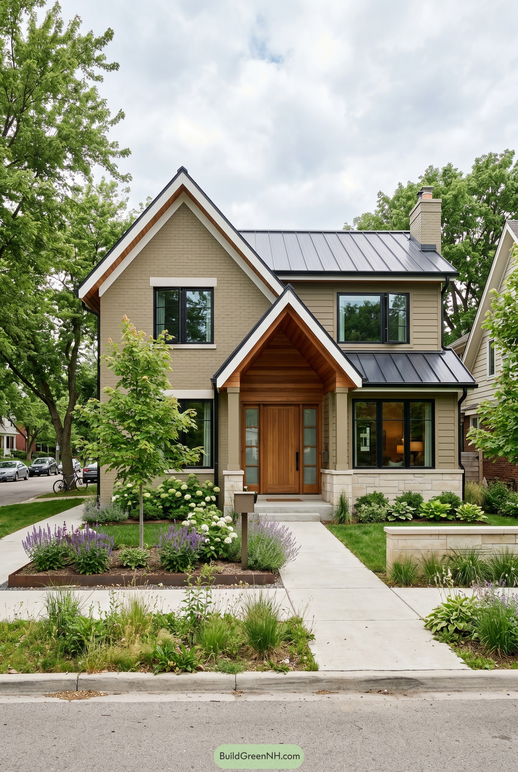 Modern khaki gabled house with black metal roof and wood entry