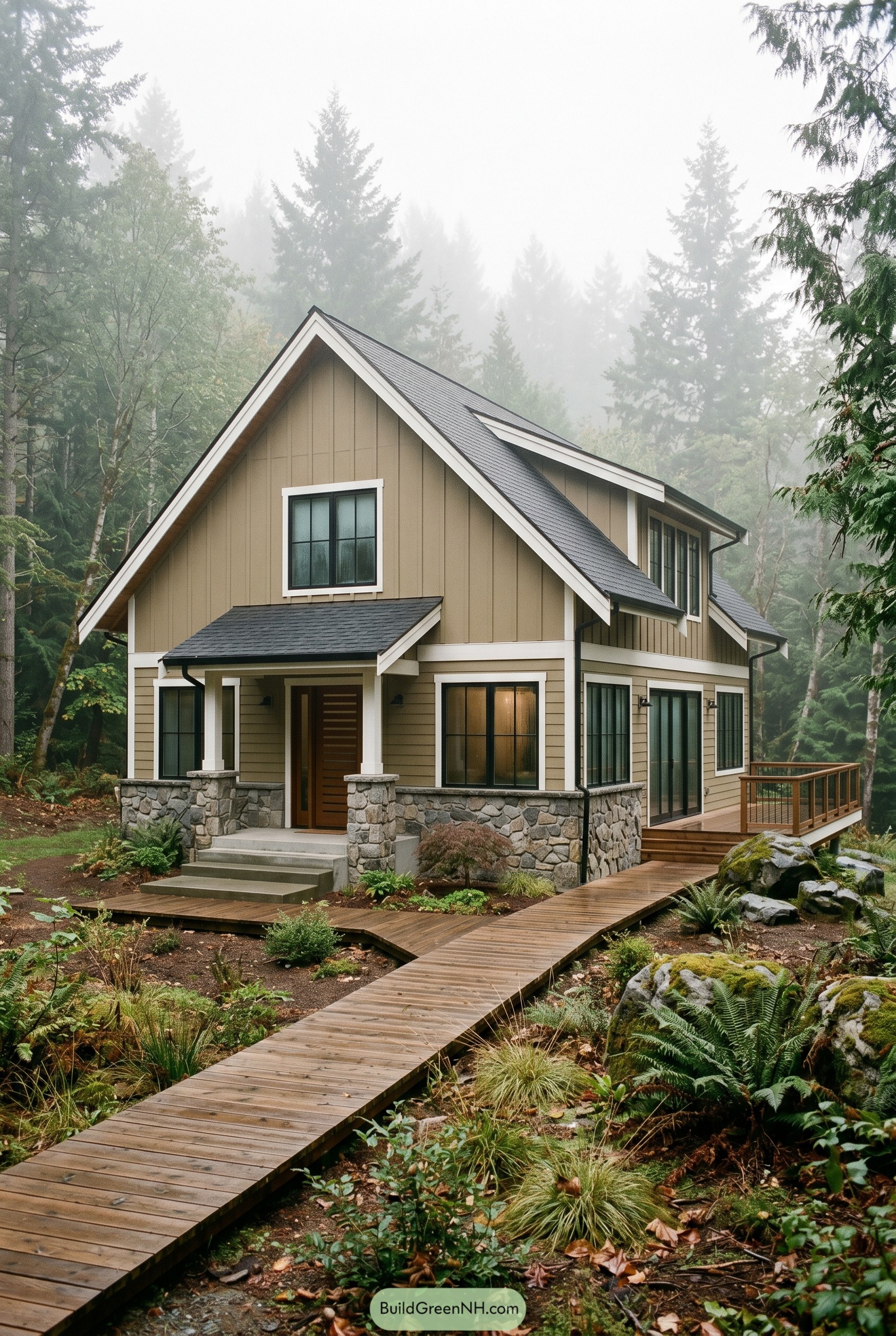 Modern khaki gabled house in a misty forest