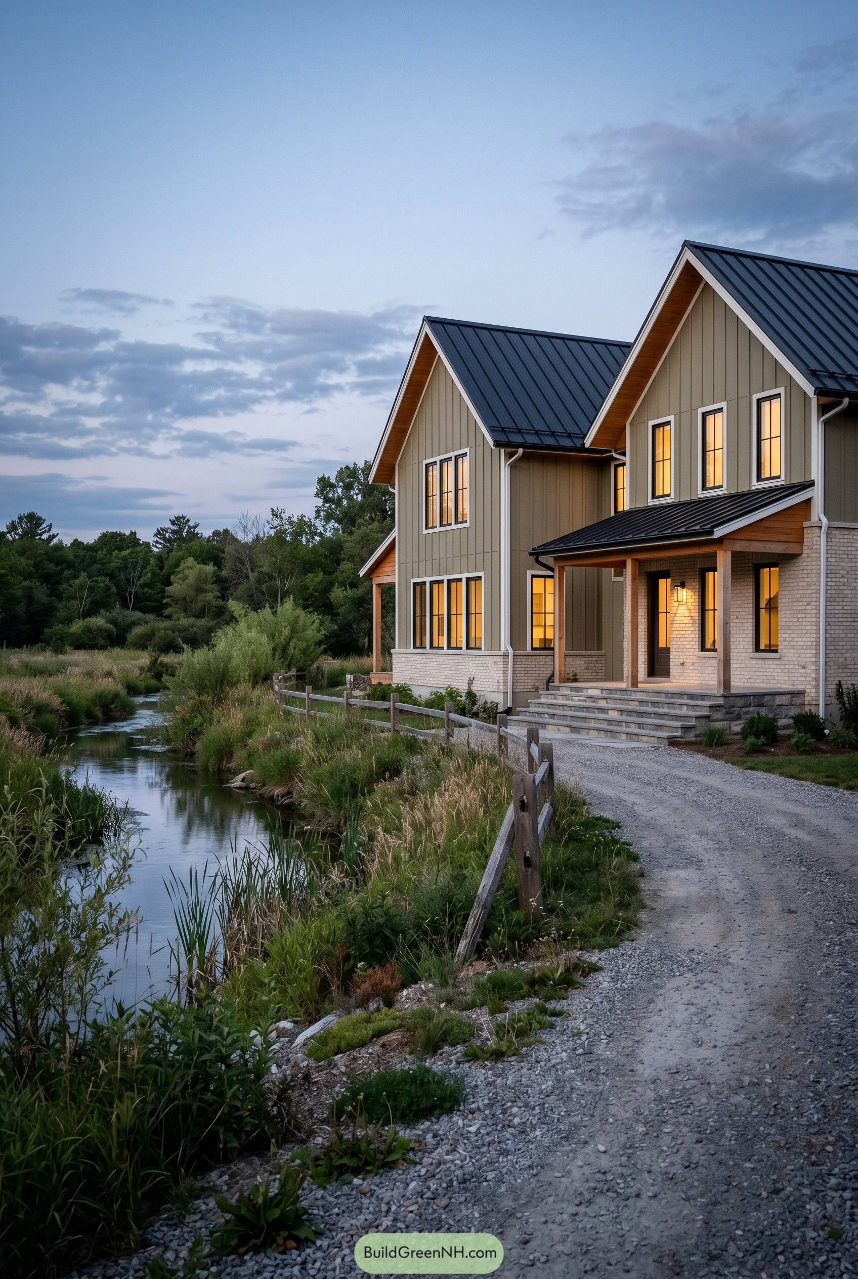 Khaki gabled house beside a creek at dusk