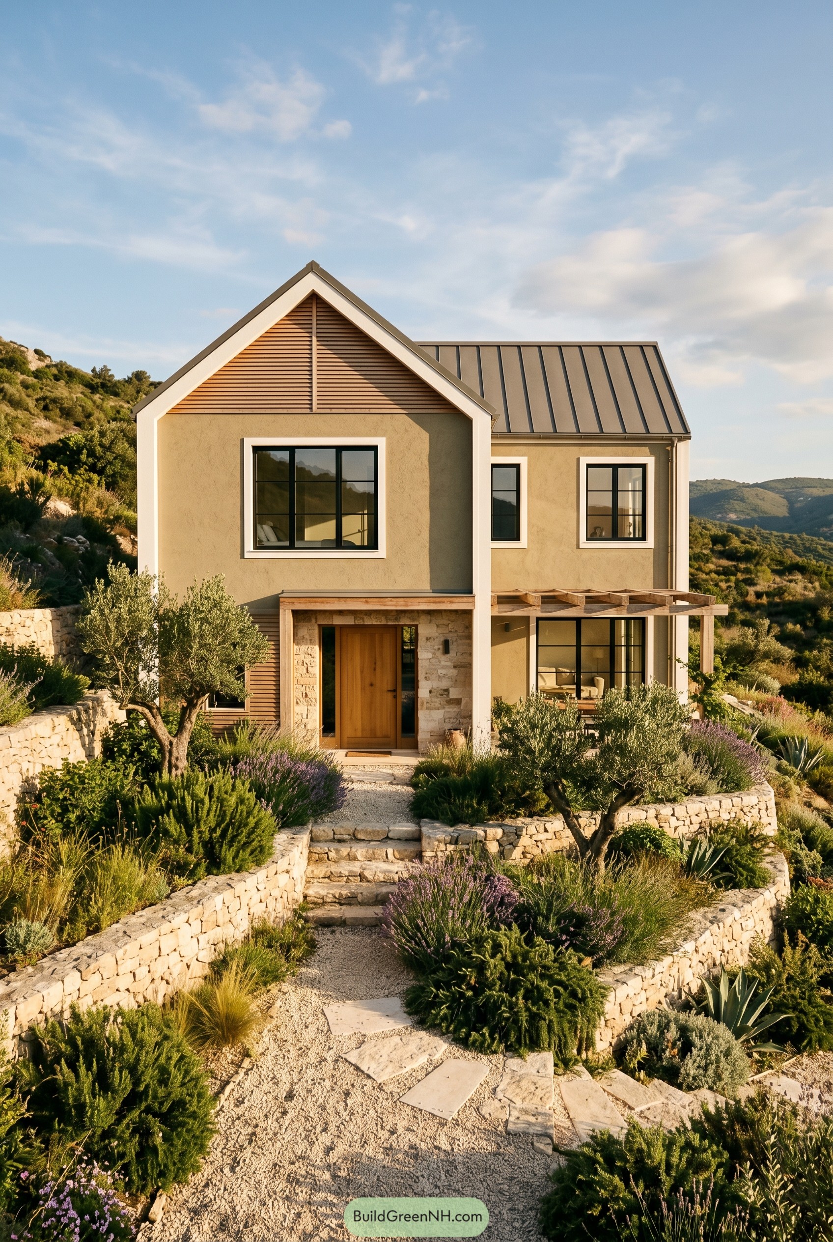 Khaki modern gabled house on a terraced hillside