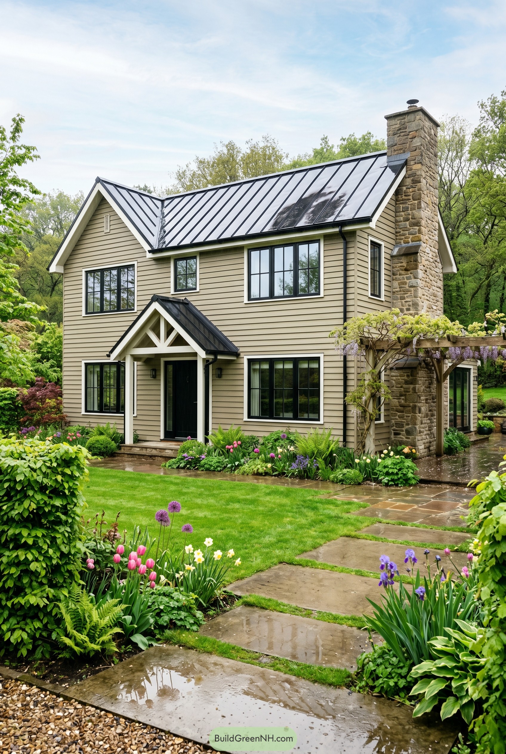 Khaki gabled house with black metal roof and stone chimney