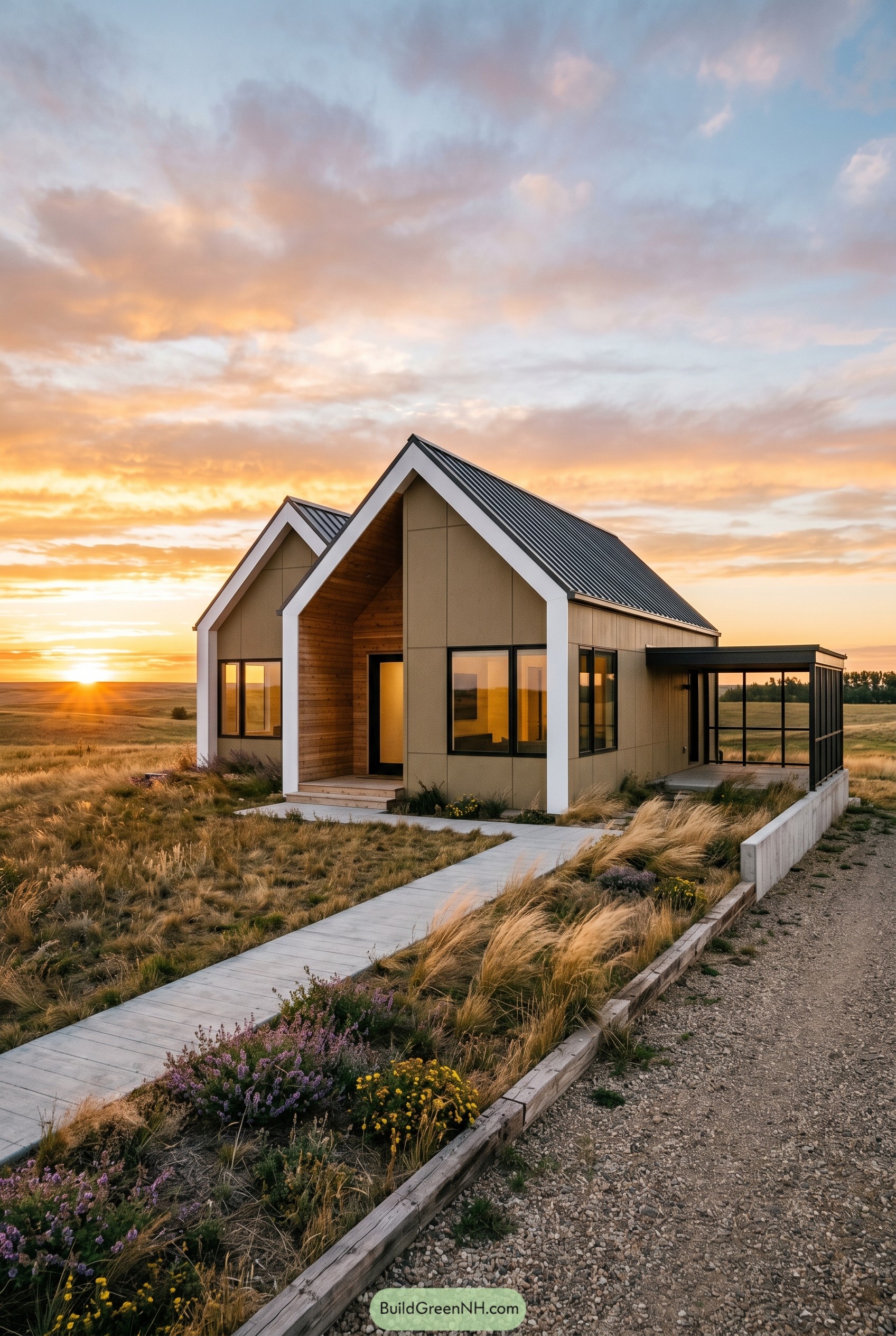 Modern khaki twin gabled house at sunset