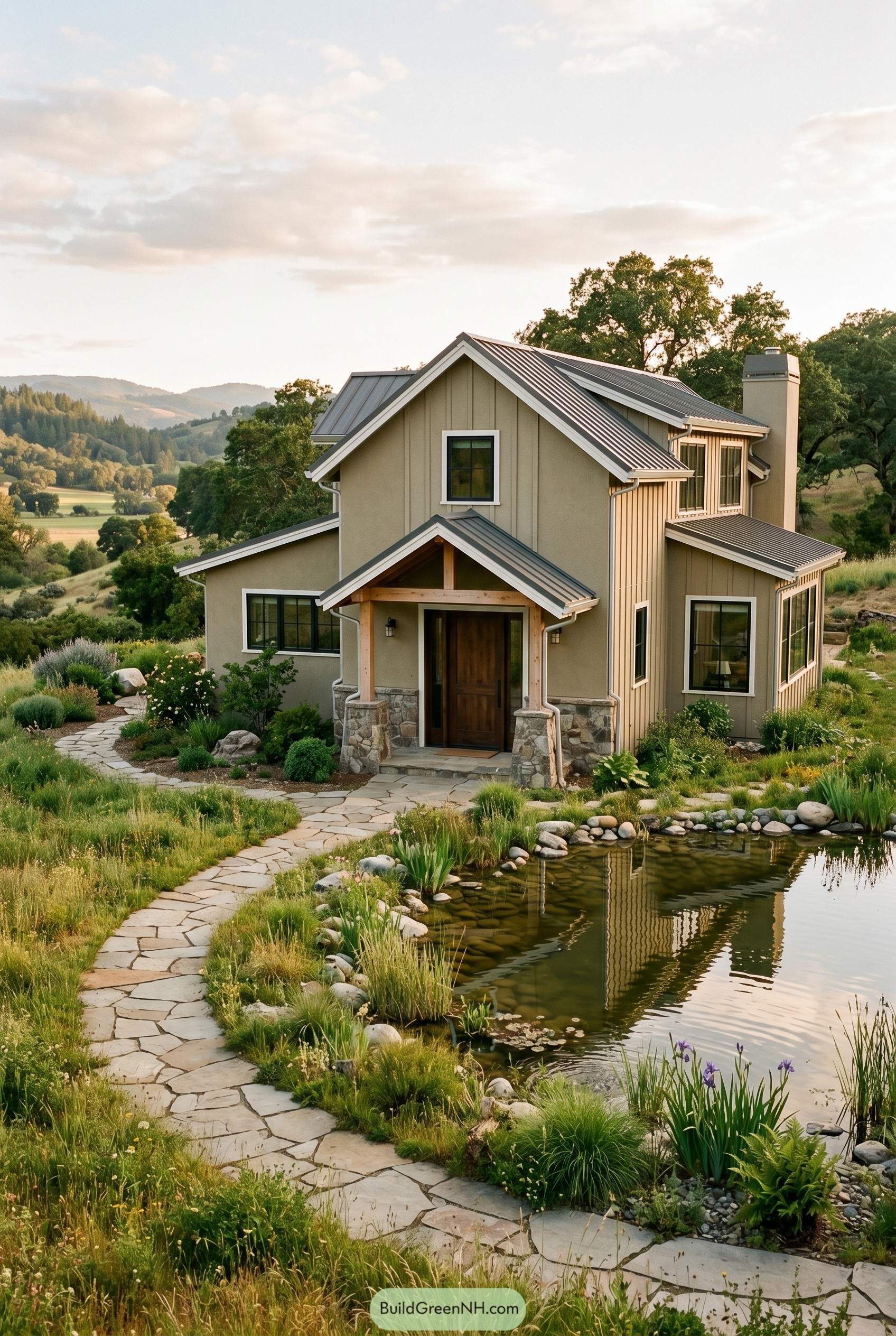 Khaki gabled house beside a landscaped pond