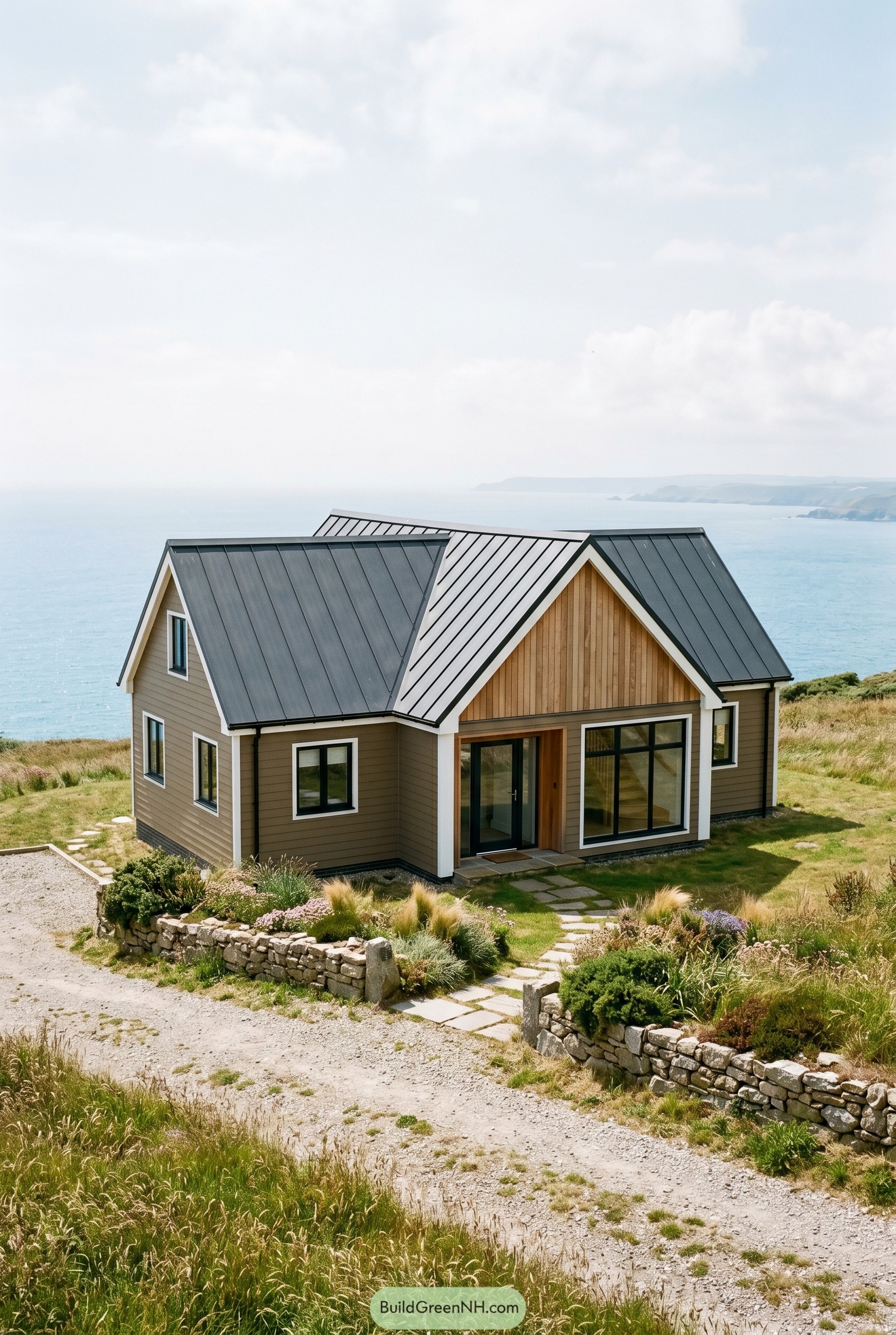Khaki modern gabled house on a coastal hillside