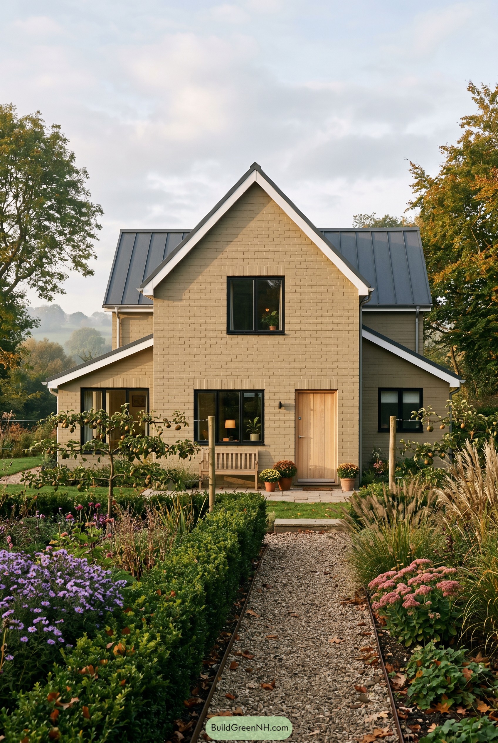 Khaki brick gabled home with gravel garden path