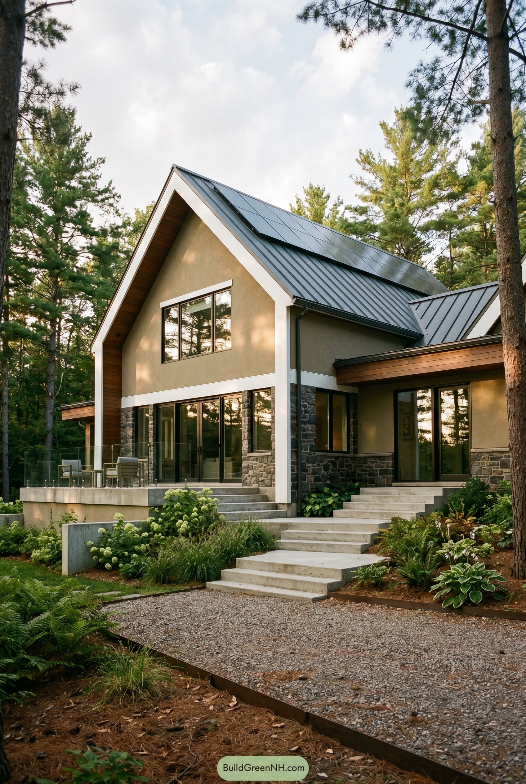 Khaki gabled house with solar roof in pines