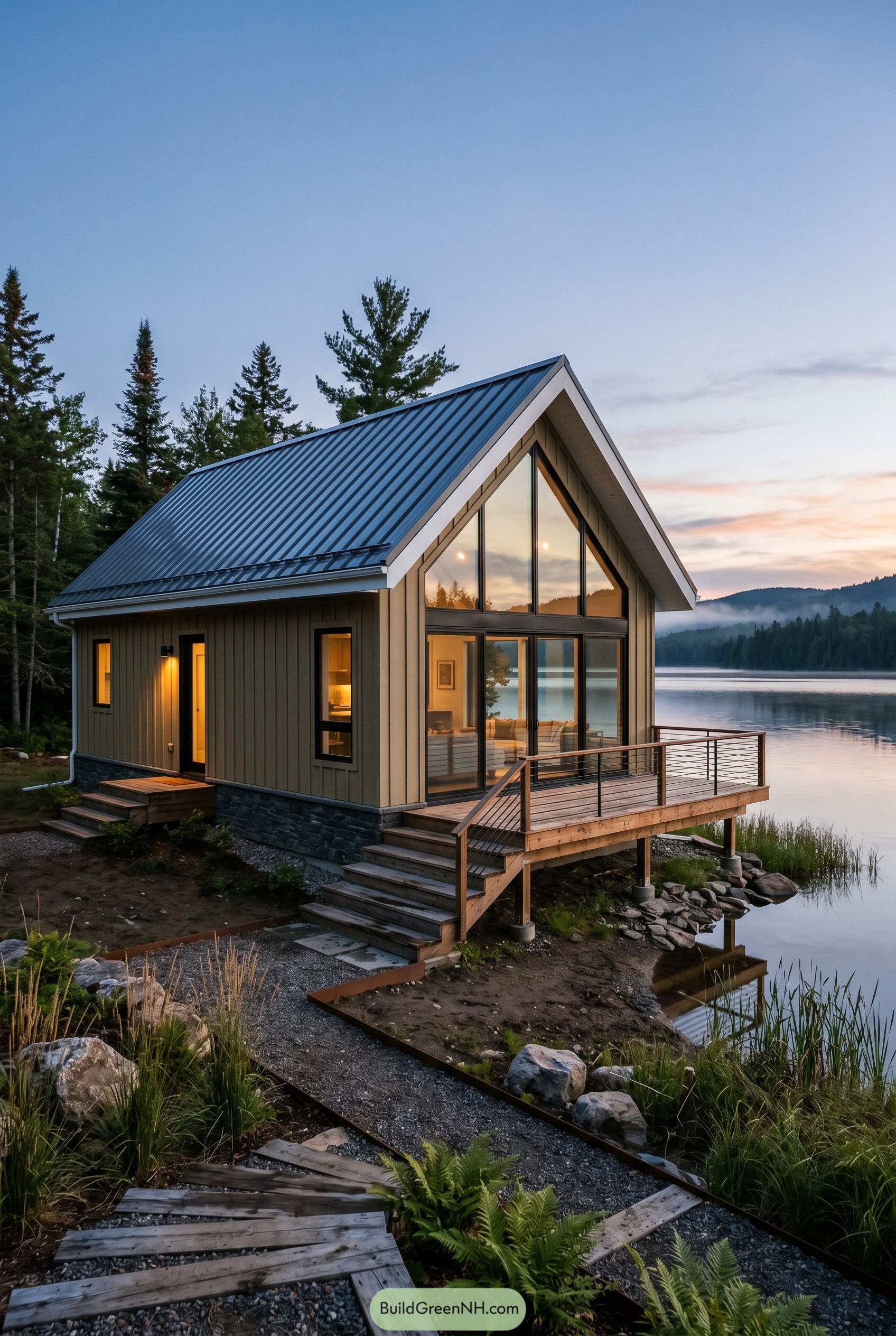Khaki gabled lake house with glass front