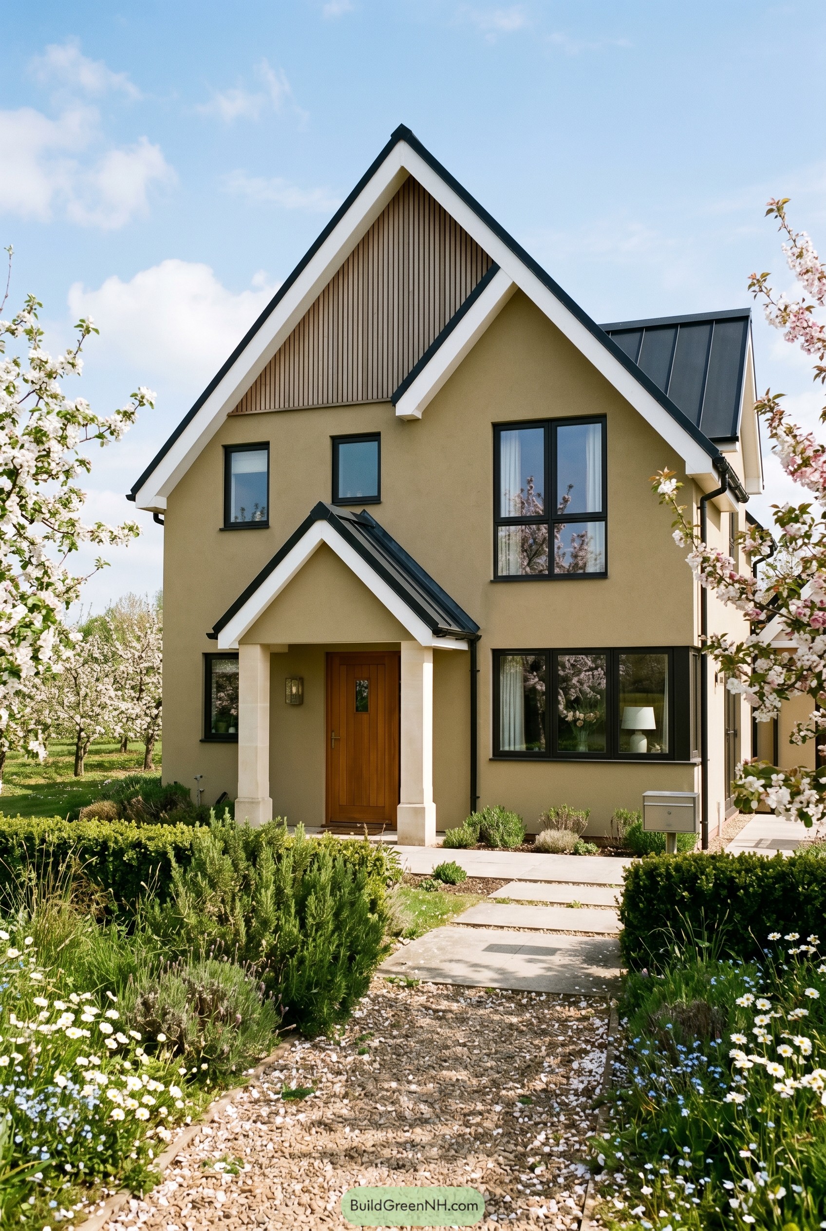 Khaki gabled house with black trim and wood door