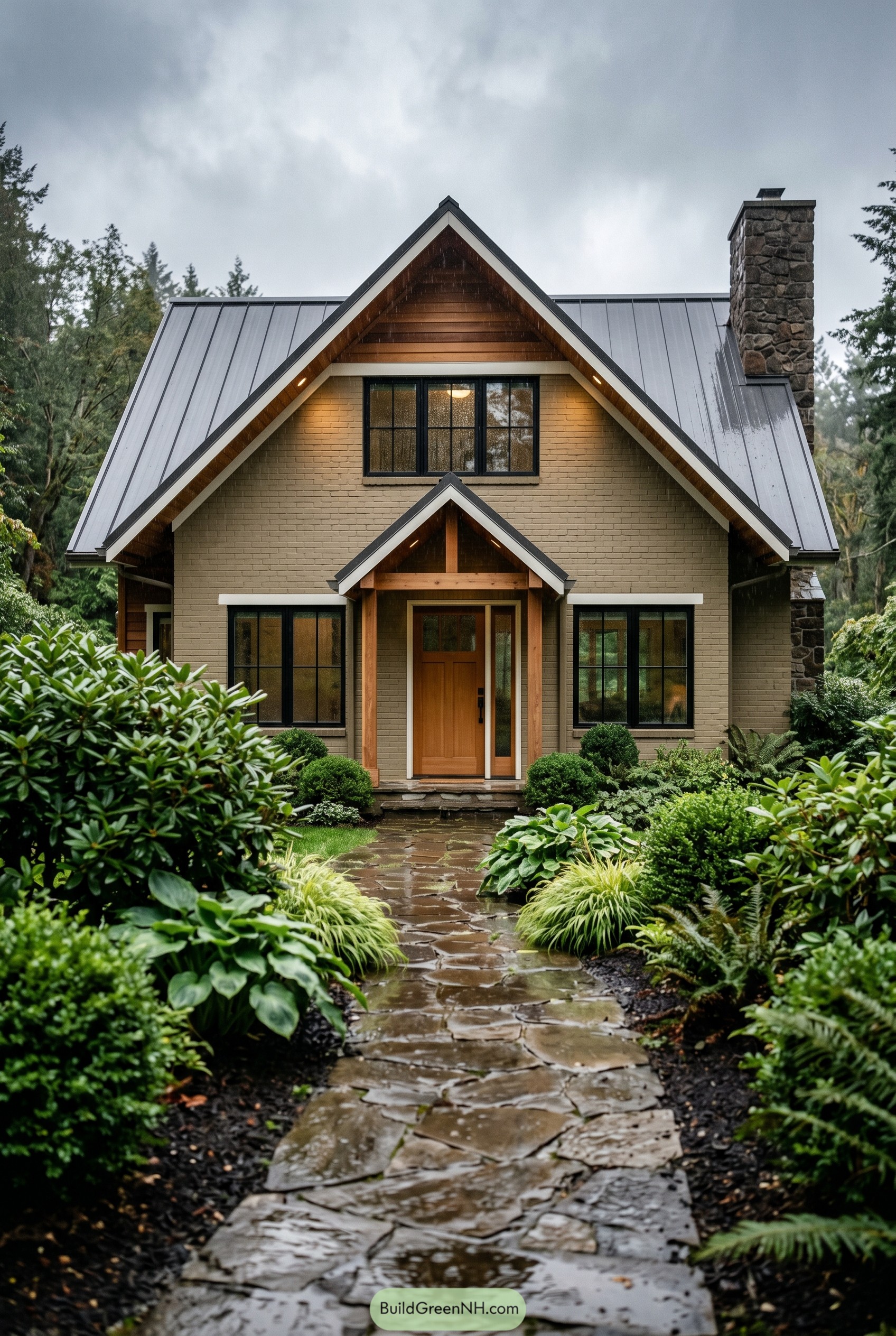 Khaki gabled house with metal roof and garden path