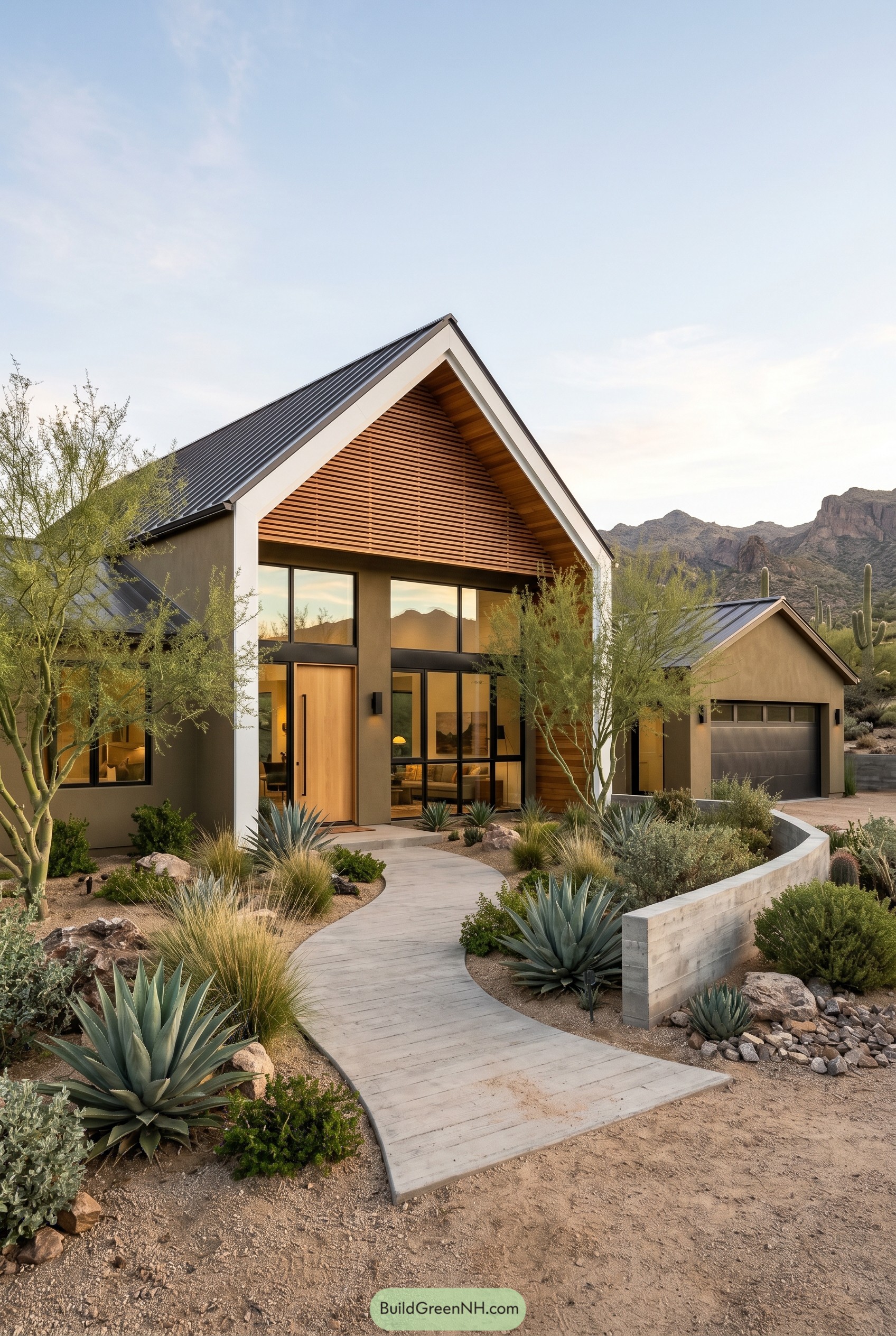 Modern khaki gabled house with desert landscaping