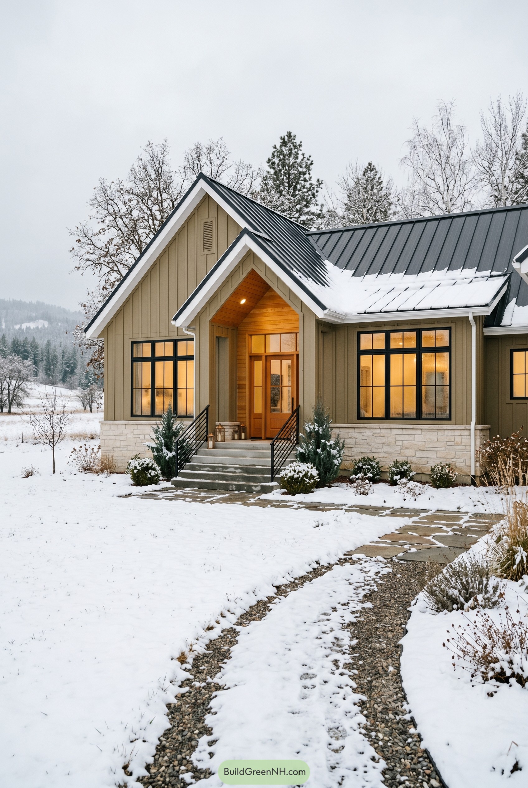 Khaki gabled house with black roof in snow