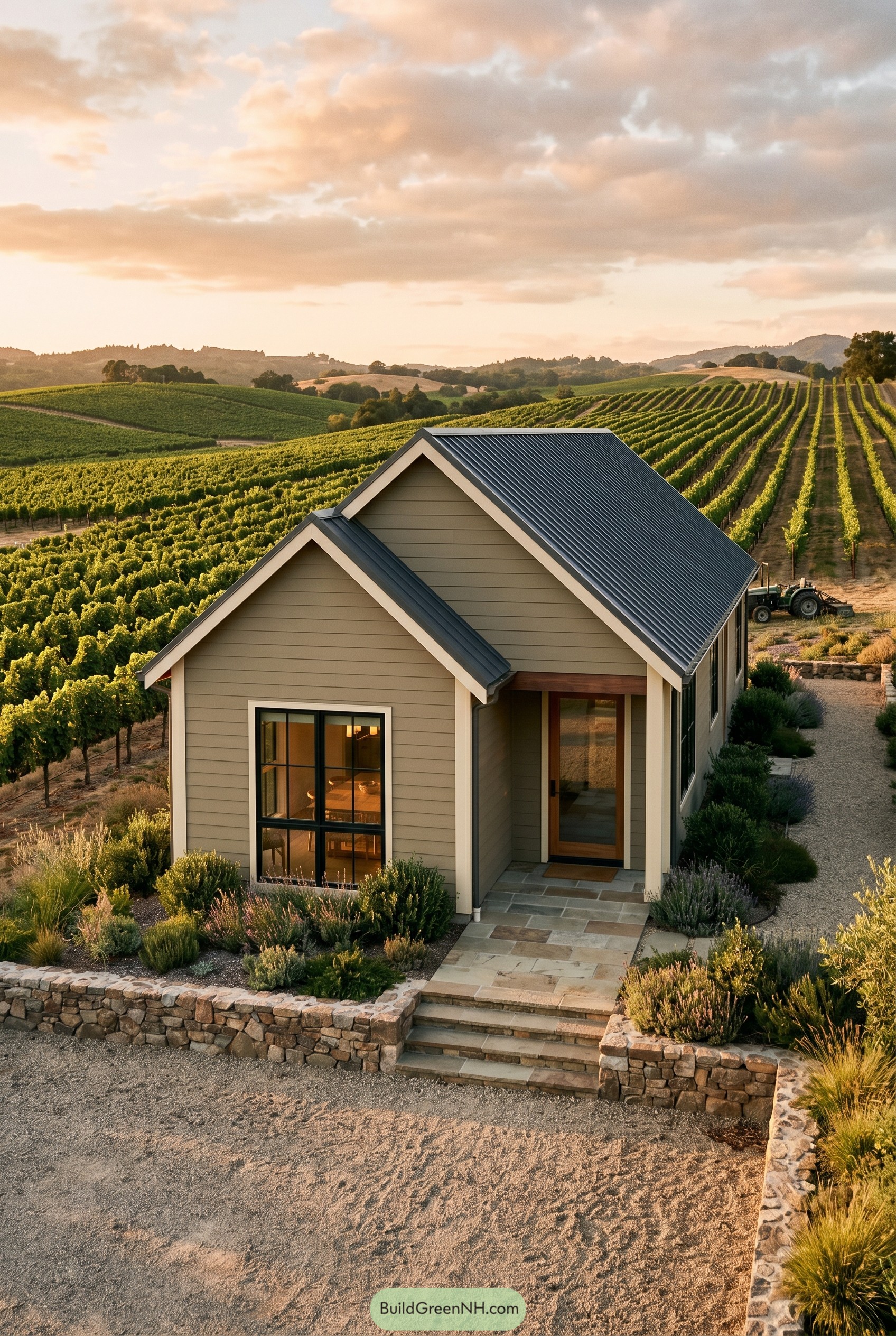 Khaki gabled house overlooking vineyard rows