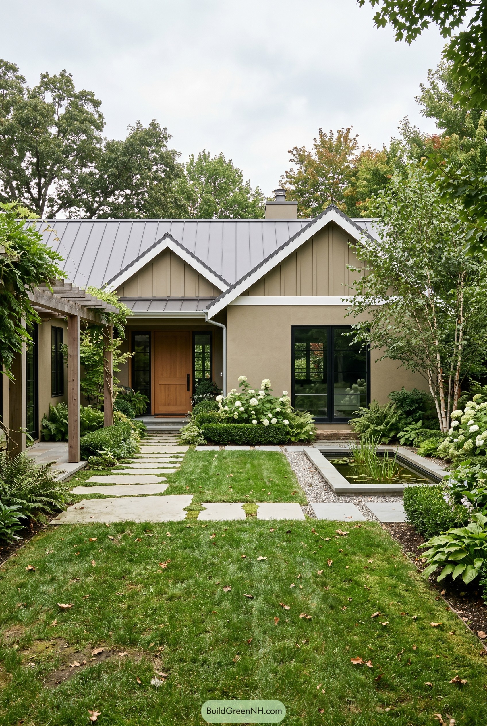 Khaki gabled house with garden courtyard and pond