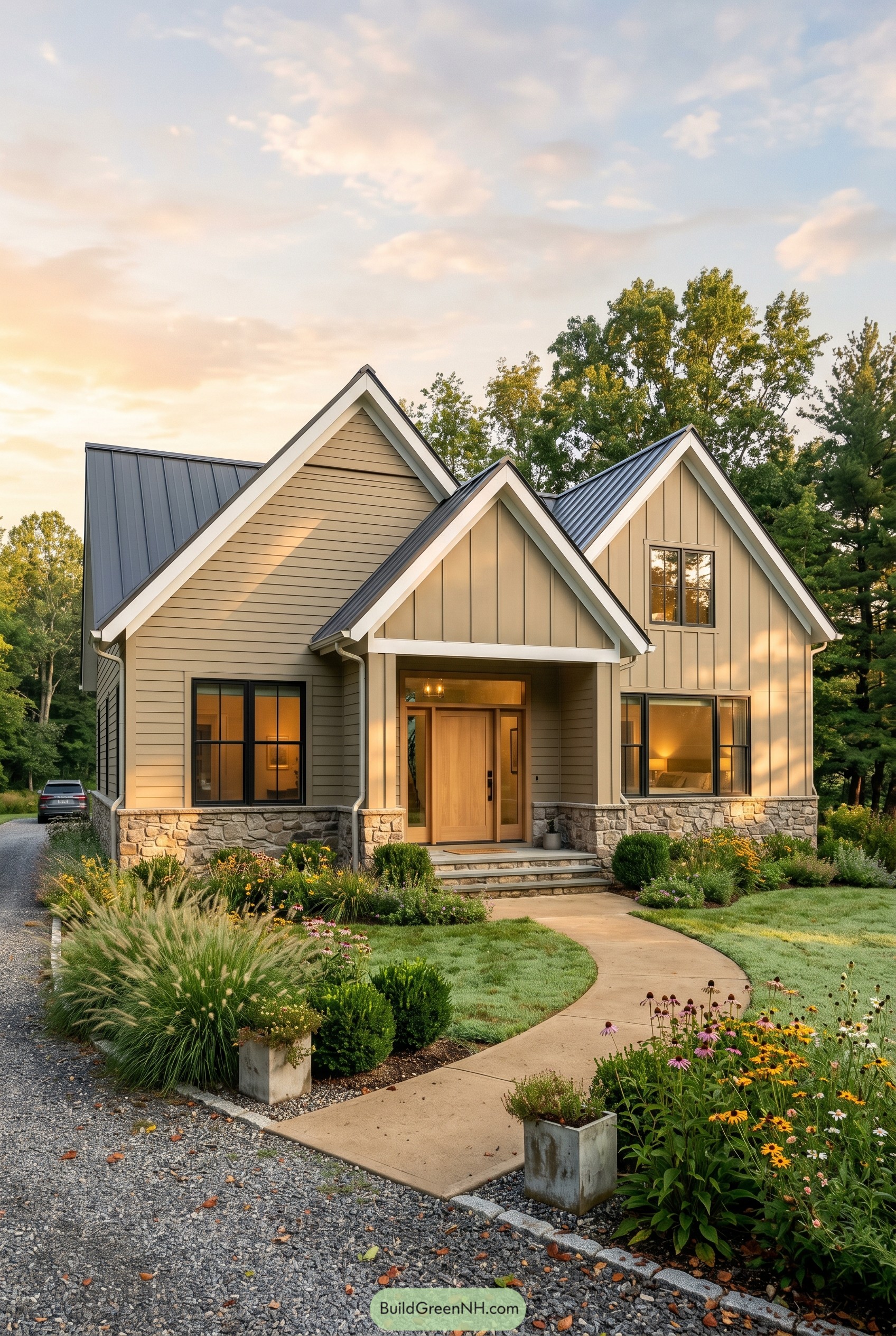 Khaki modern gabled house with stone base and black windows