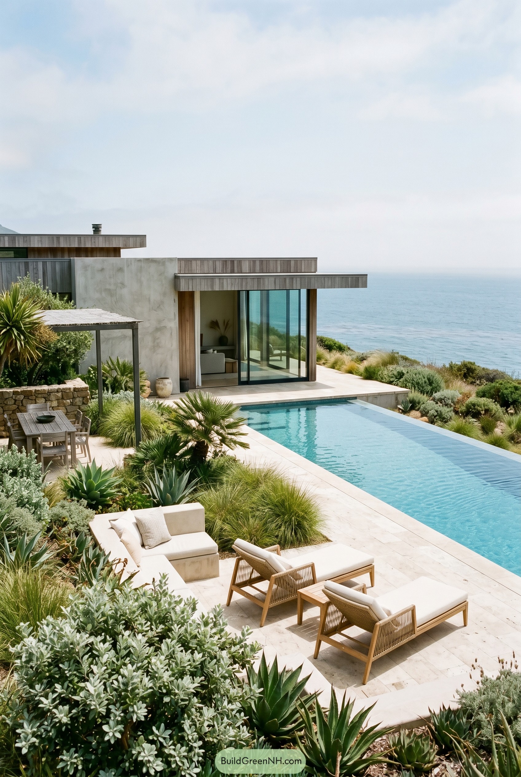 Modern coastal garden with pool overlooking the ocean