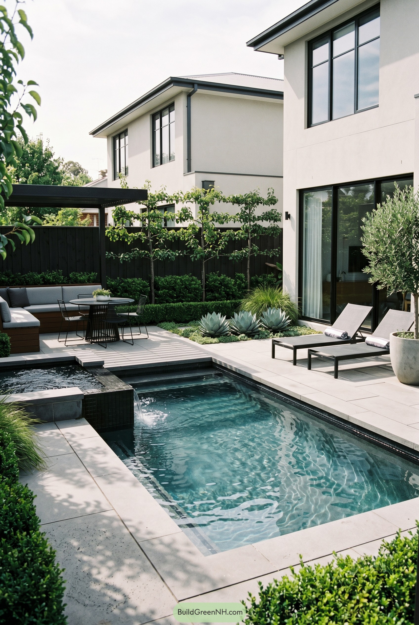 Slim courtyard pool with raised spa and loungers