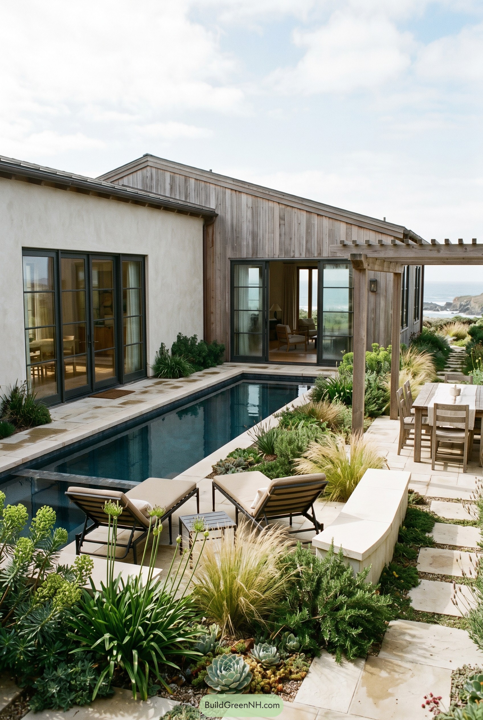 Modern coastal courtyard with narrow pool and pergola dining