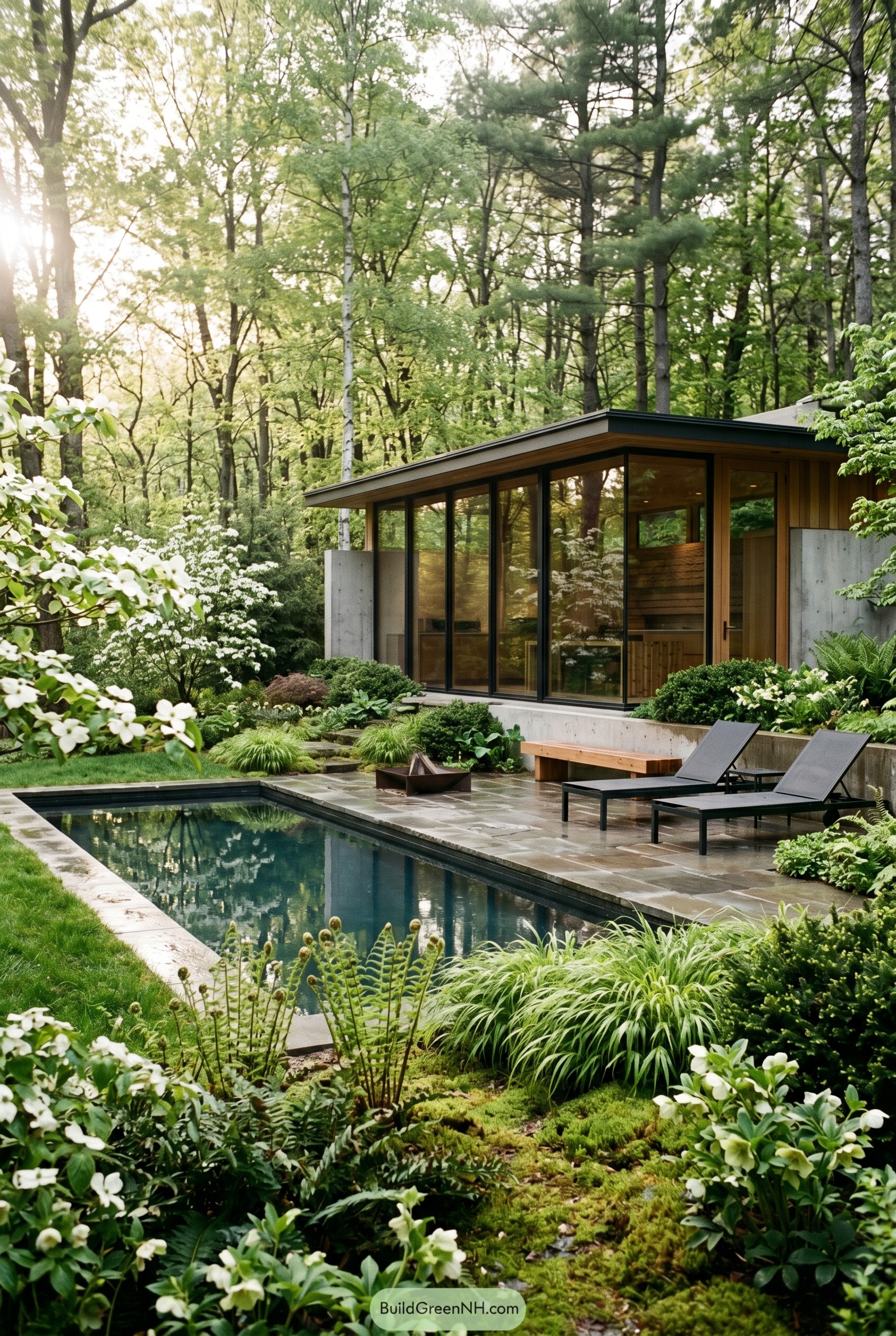 Modern woodland pool beside glass pavilion