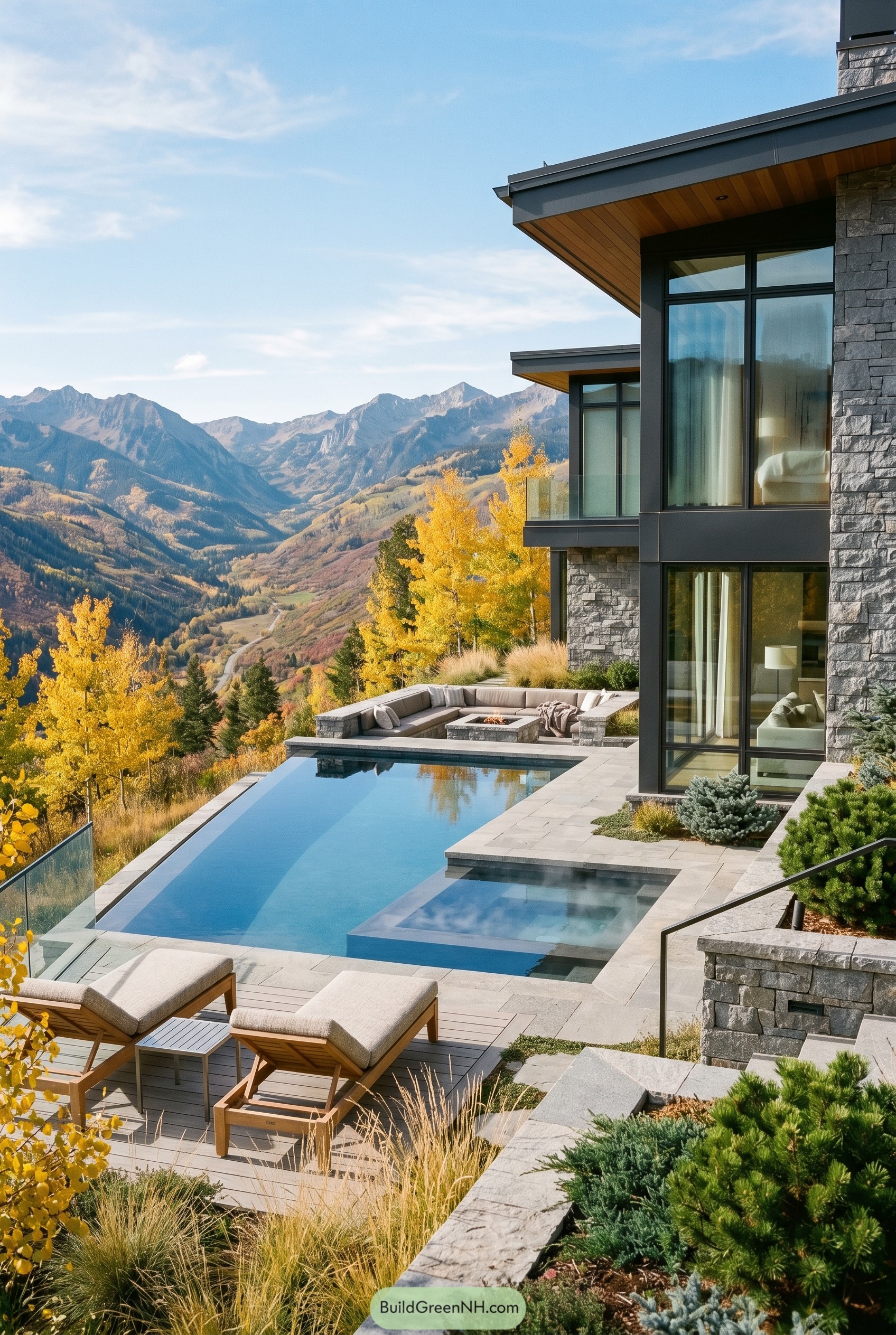 Modern hillside infinity pool with spa and mountain views
