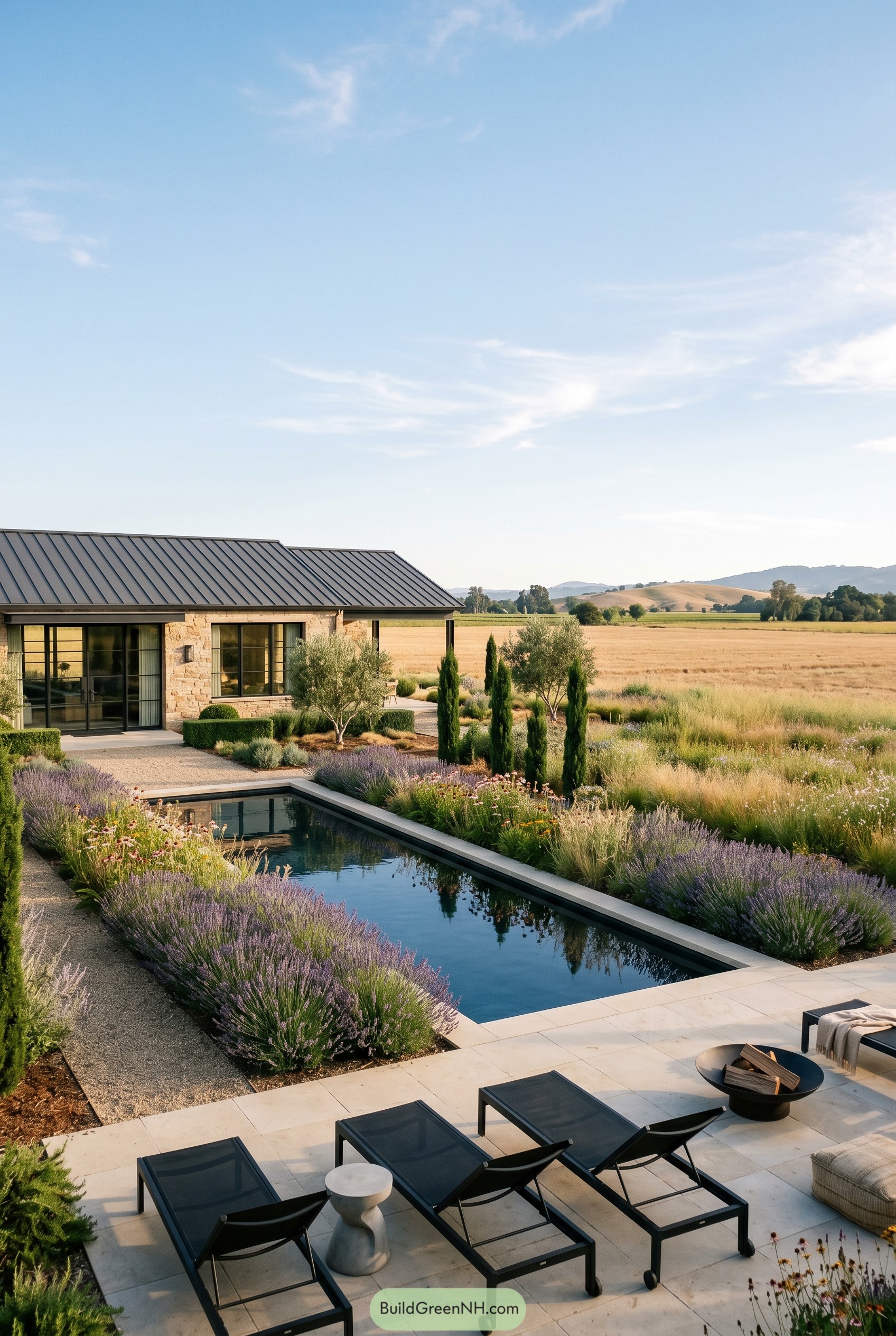 Long black pool framed by lavender and meadow grasses