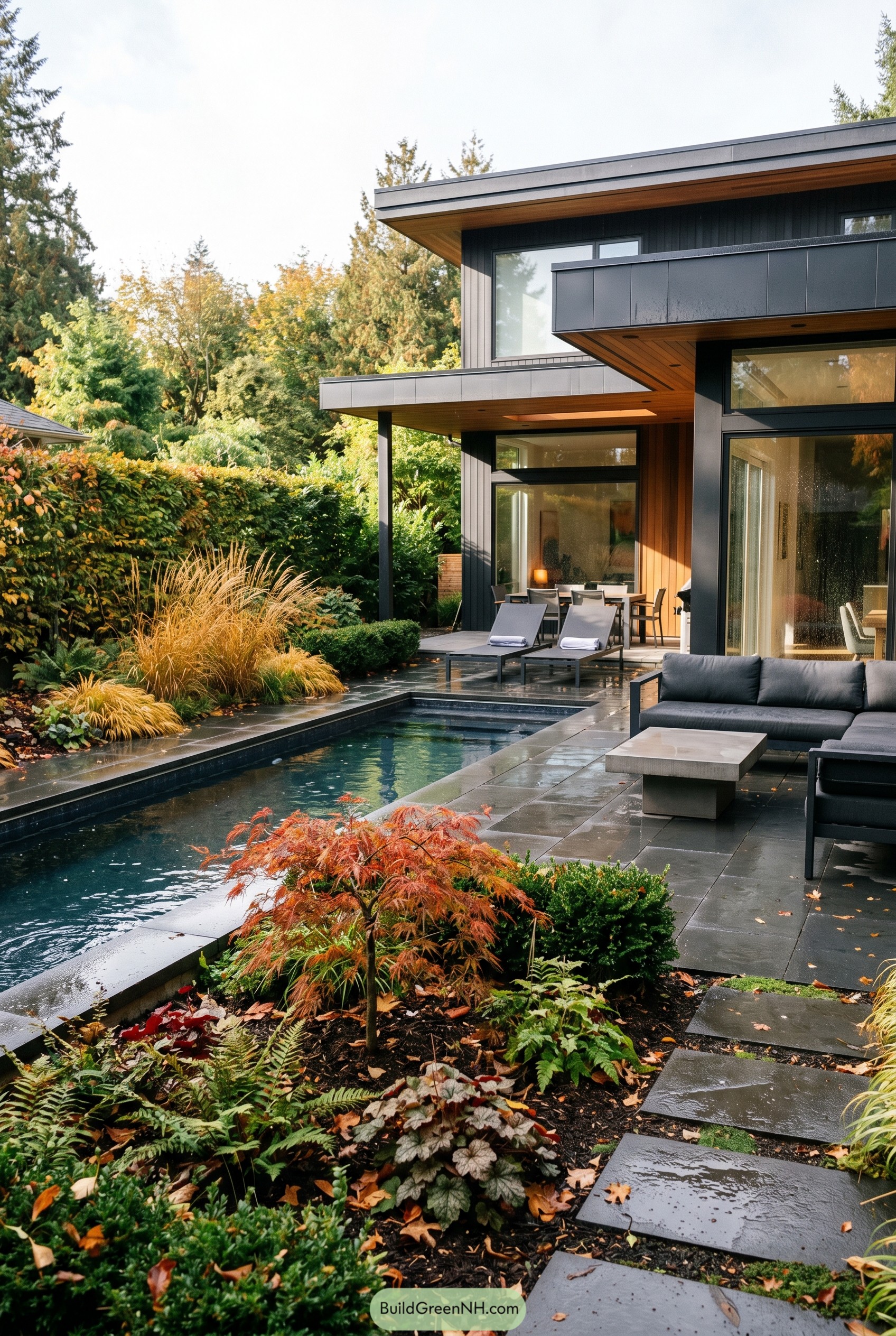 Modern home with narrow pool and autumn garden