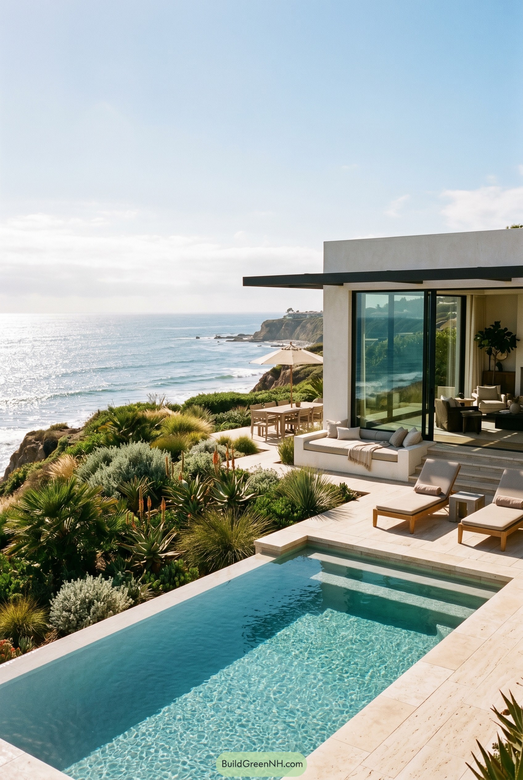 Modern cliffside pool terrace with succulents and ocean view