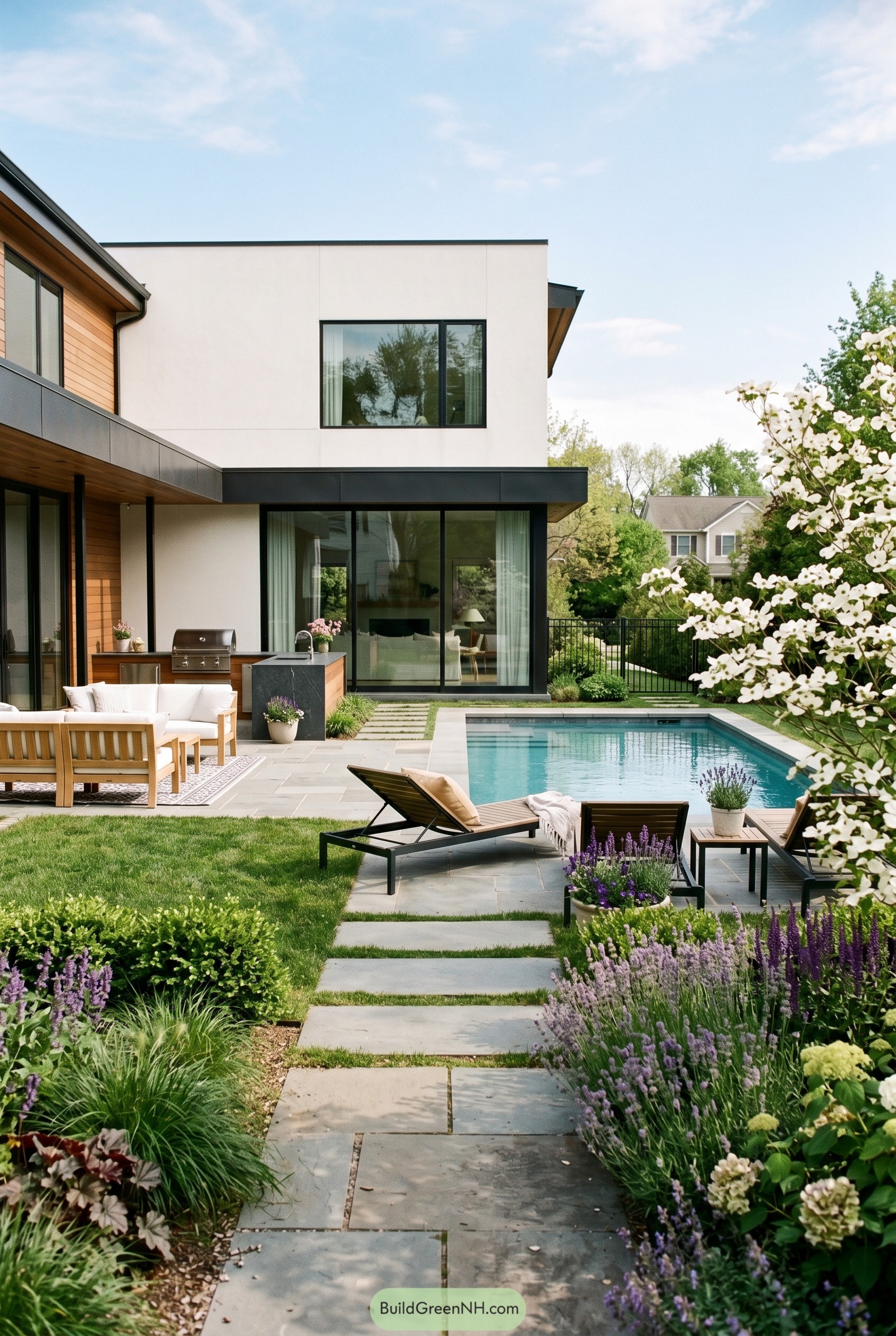 Modern backyard pool with lavender borders