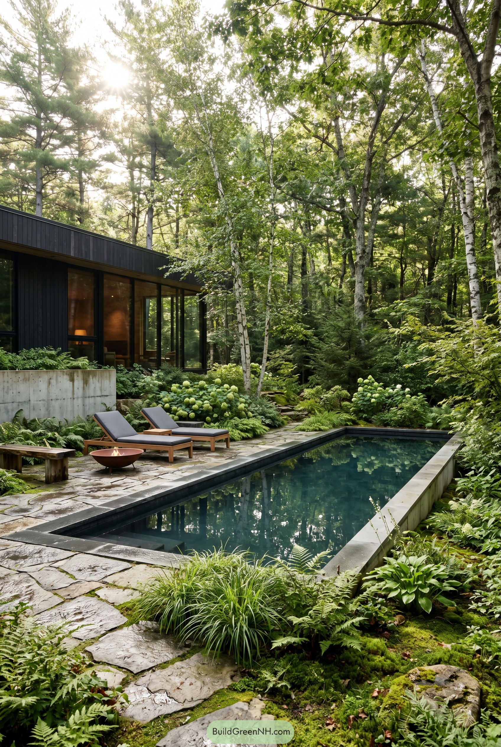 Rectangular pool beside a modern black house in a lush woodland garden