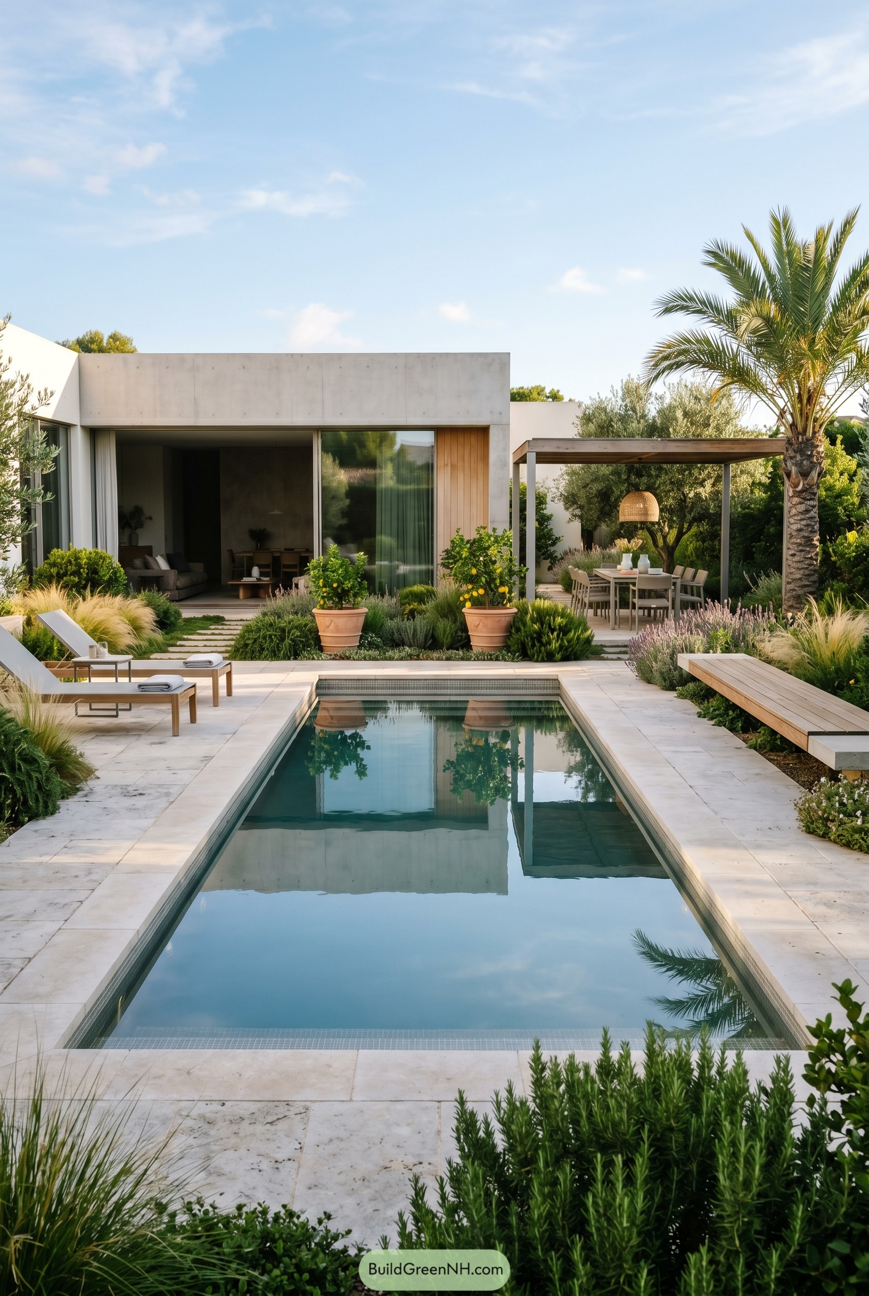 Modern lap pool beside pergola dining and citrus planters