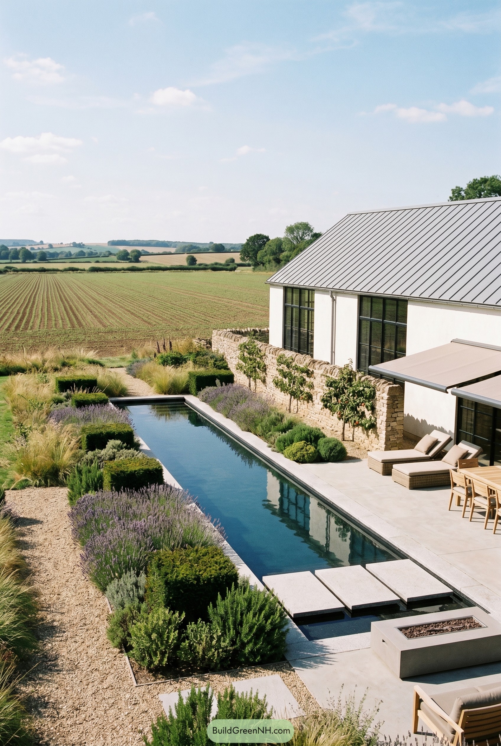 Long narrow pool beside farmhouse with lavender borders