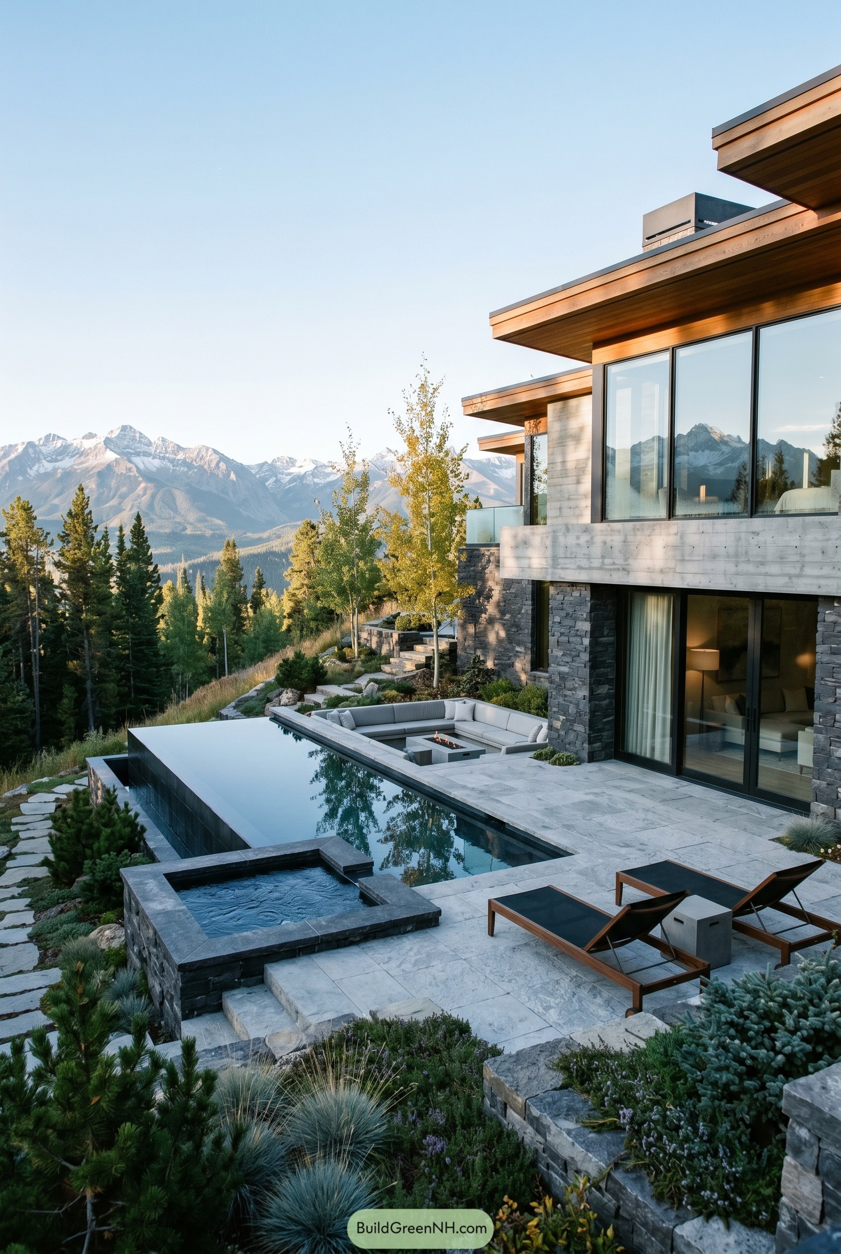 Infinity pool and spa beside mountain modern home