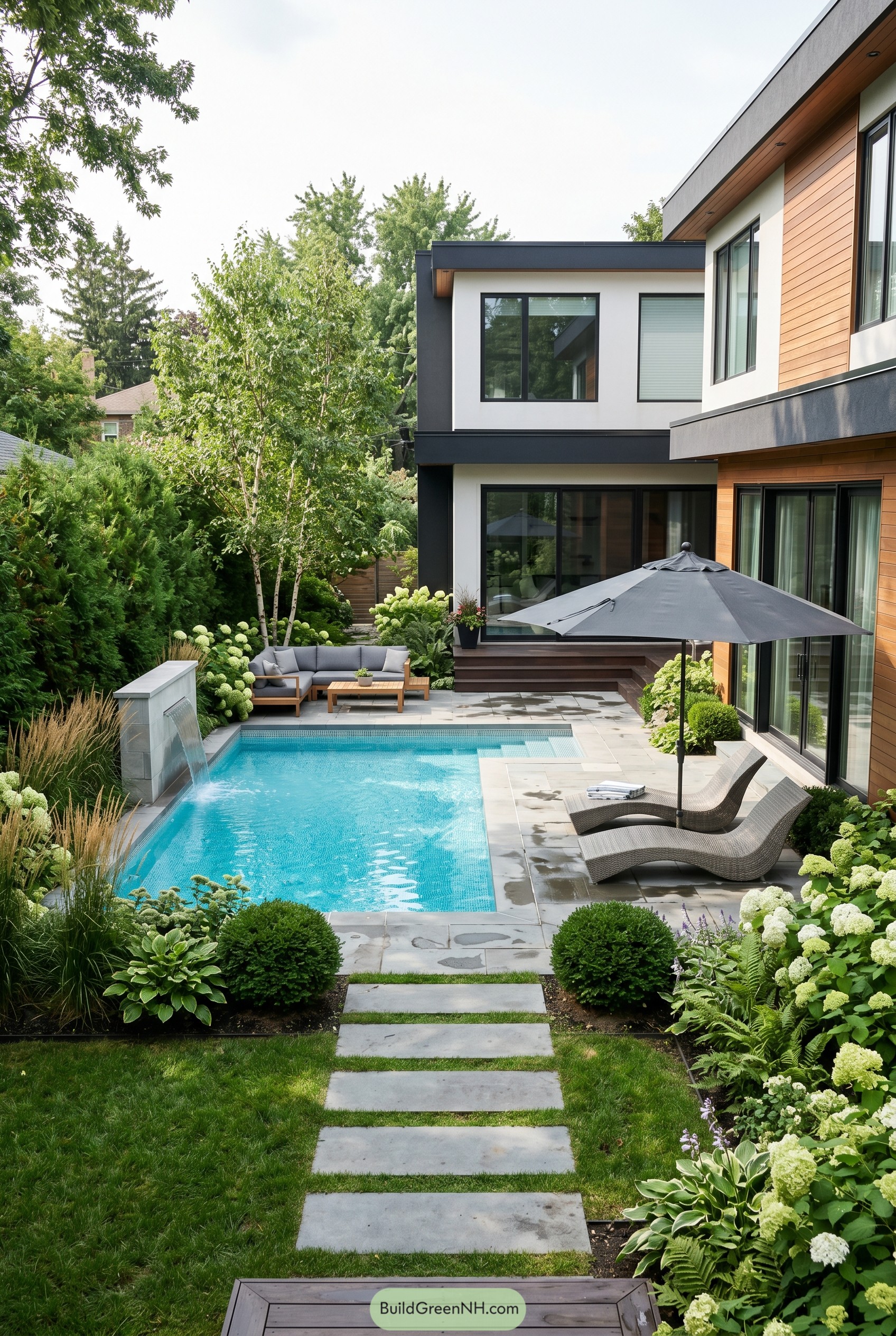 Modern courtyard pool with hydrangeas and loungers