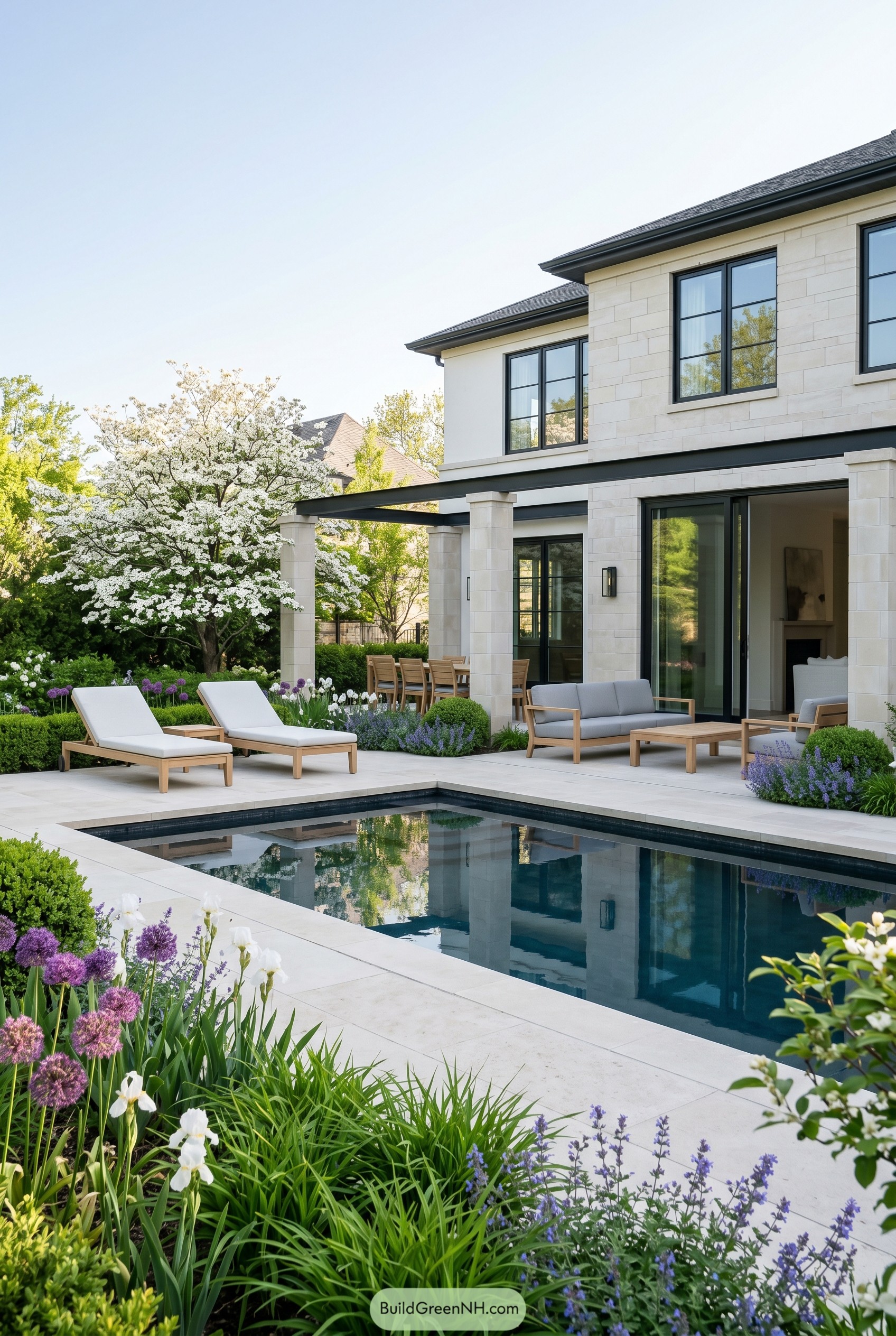 Modern backyard pool beside patio and flowering borders