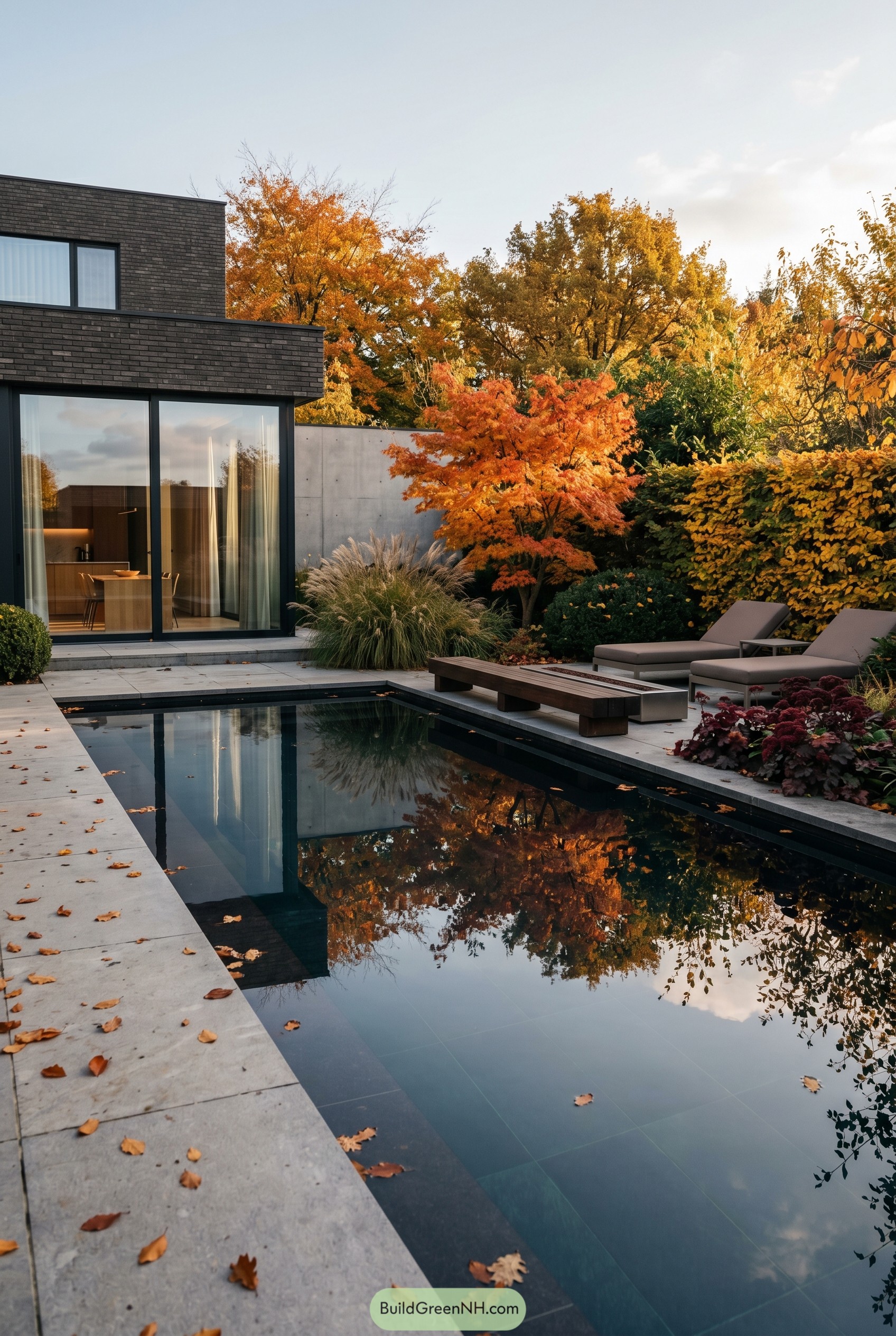 Rectangular pool beside modern home in fall