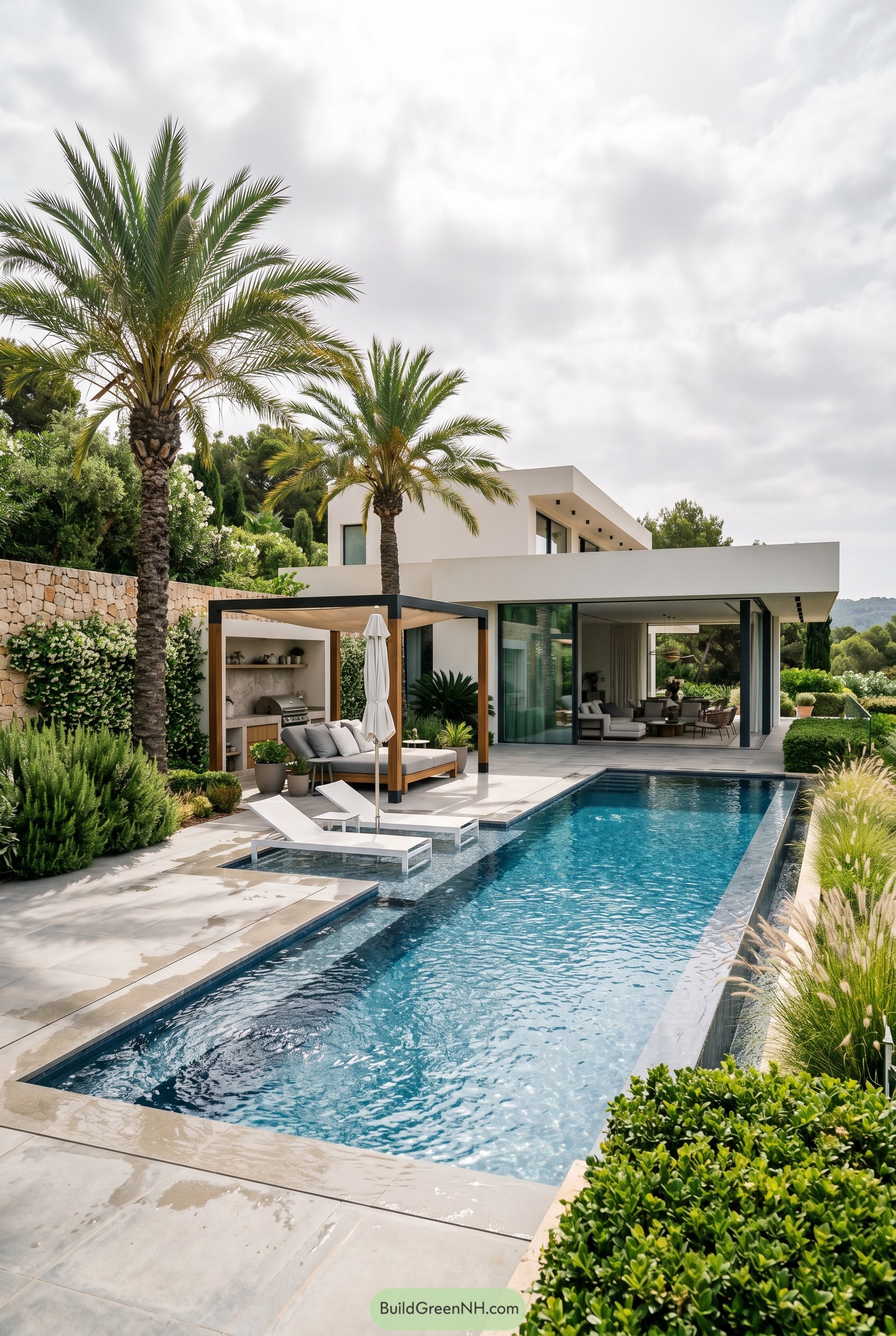 Modern villa pool with palms and pergola