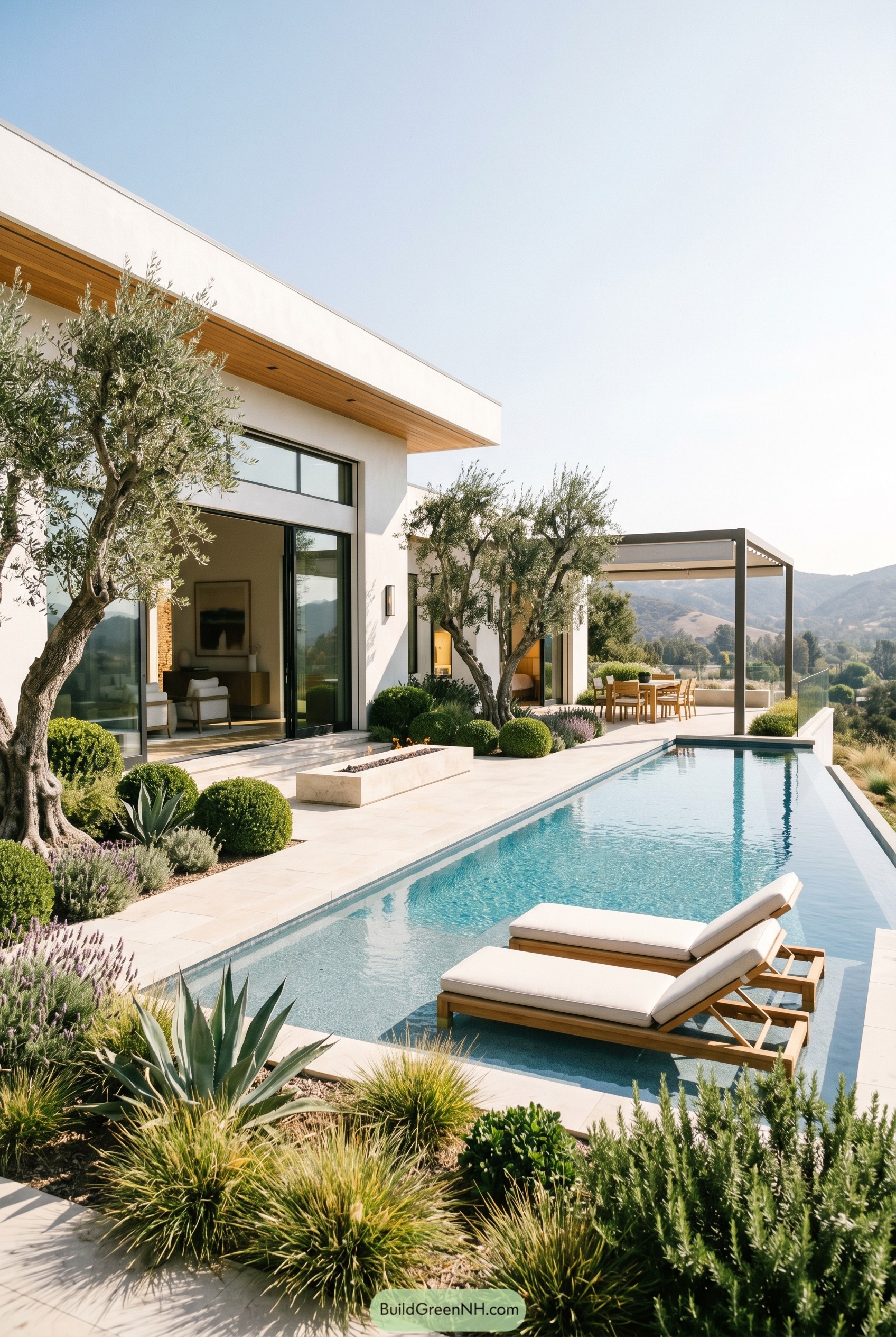 Modern backyard pool with olive trees