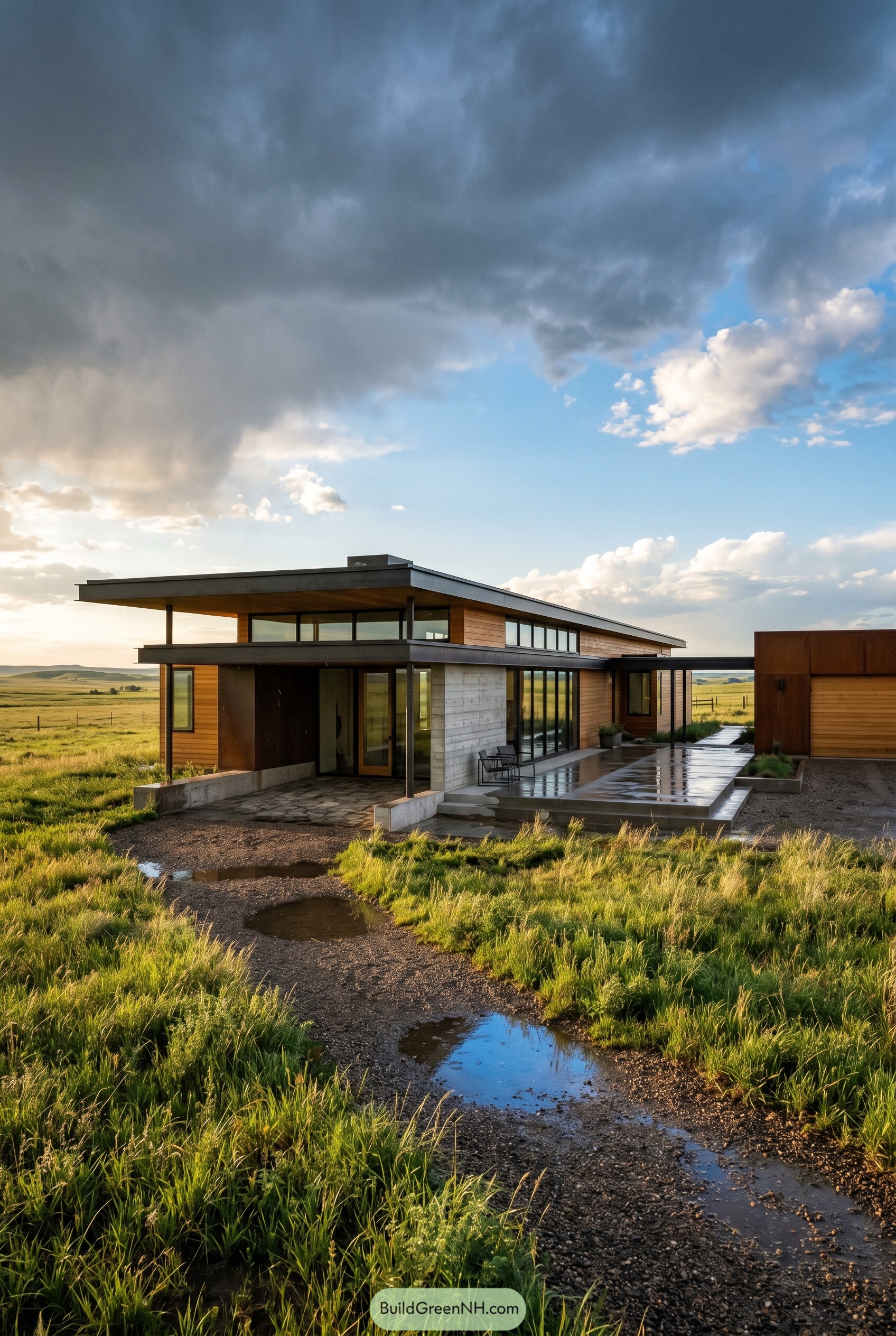 Modern prairie house with deep roof overhangs