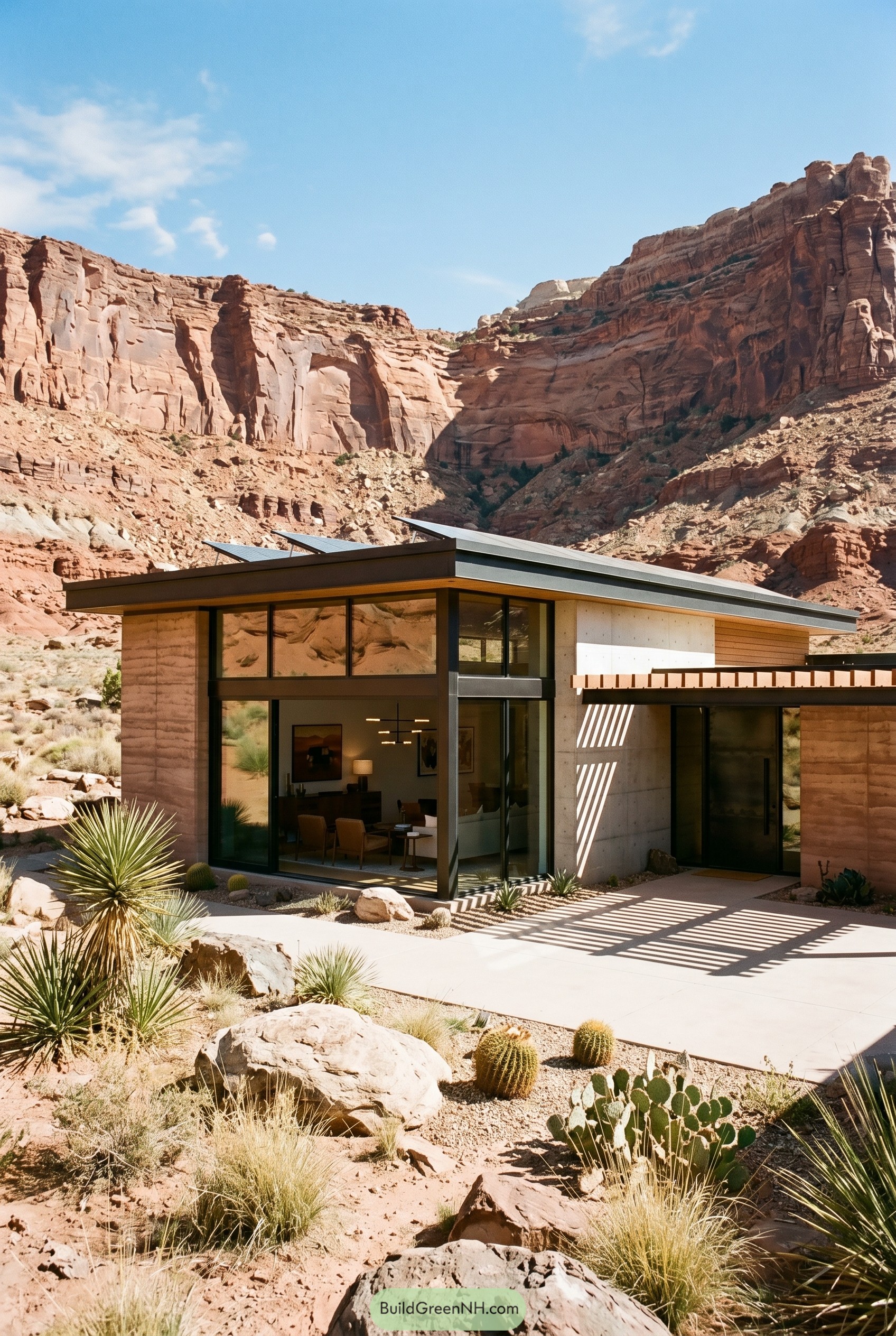 Modern desert house beneath red canyon cliffs