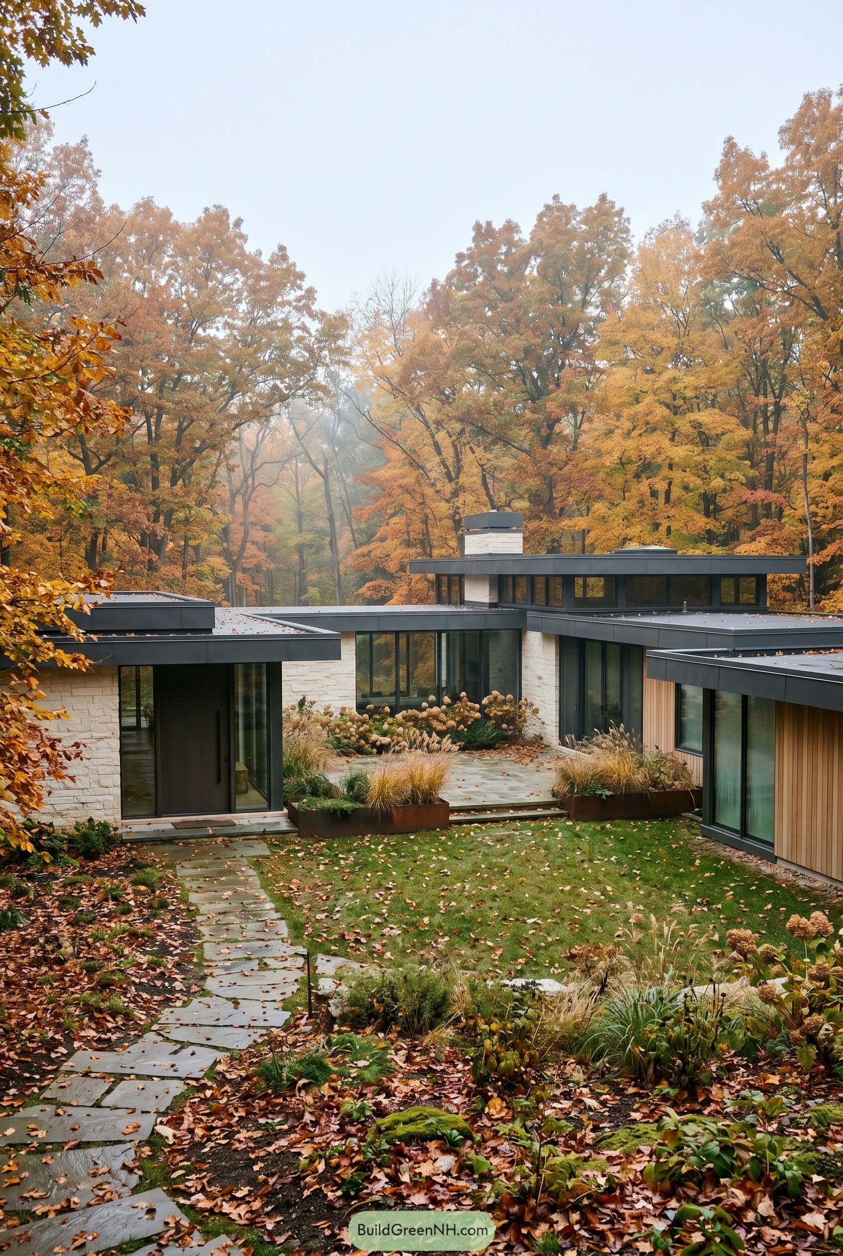 Modern one story courtyard house in autumn woods