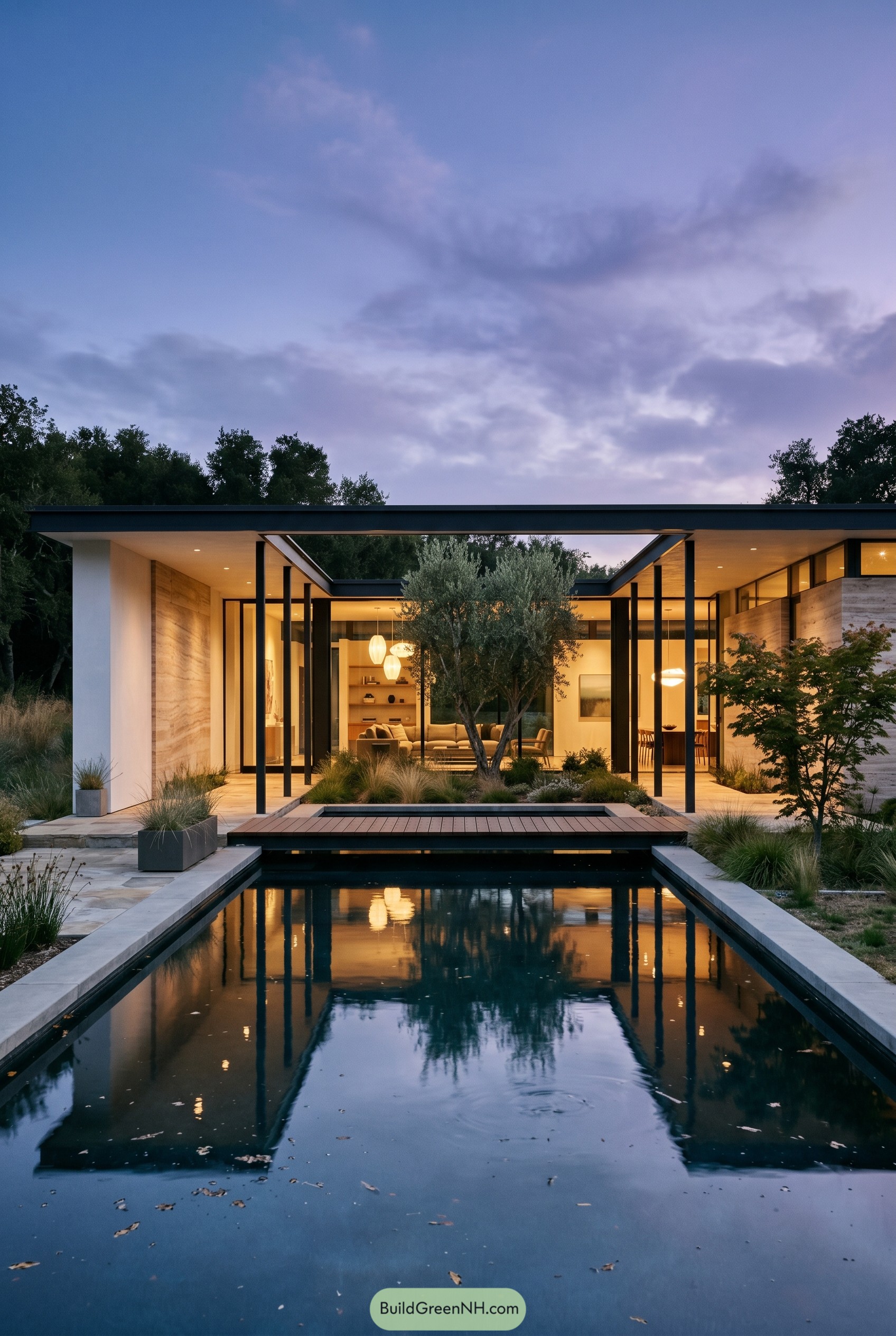 Modern one story house with reflecting pool and courtyard tree