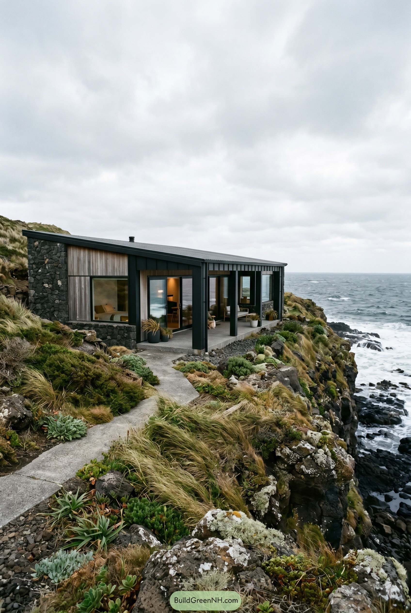 Single story coastal house on rocky cliff