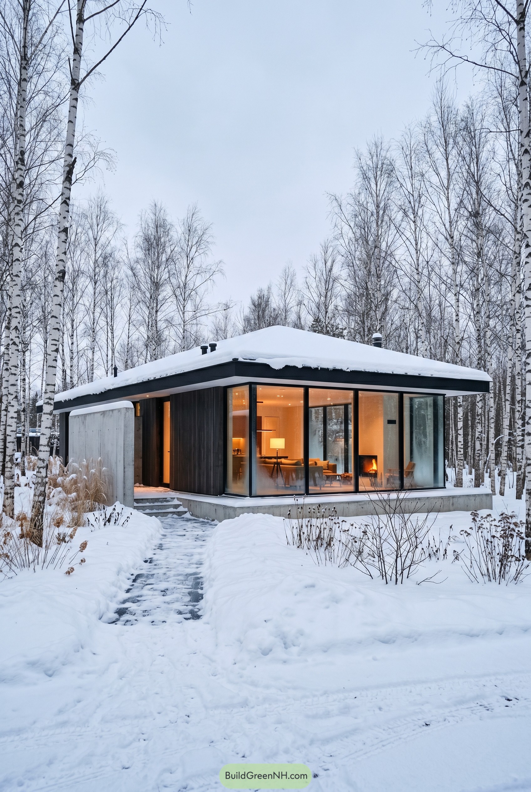 Modern glass house in a snowy birch forest
