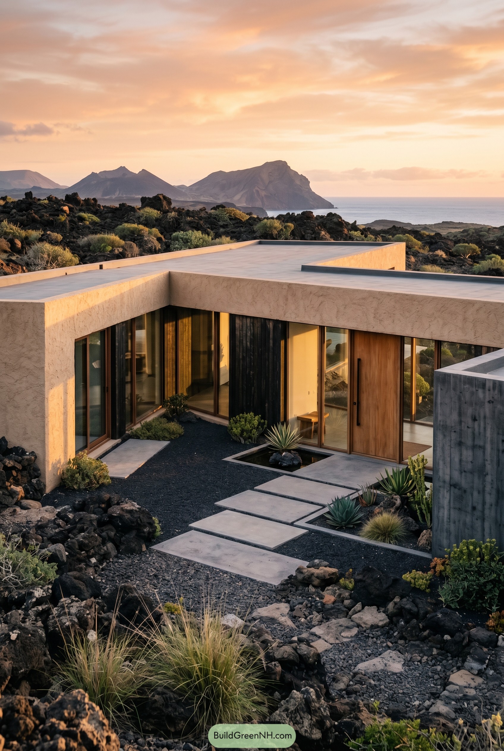 Modern one story coastal house in volcanic terrain
