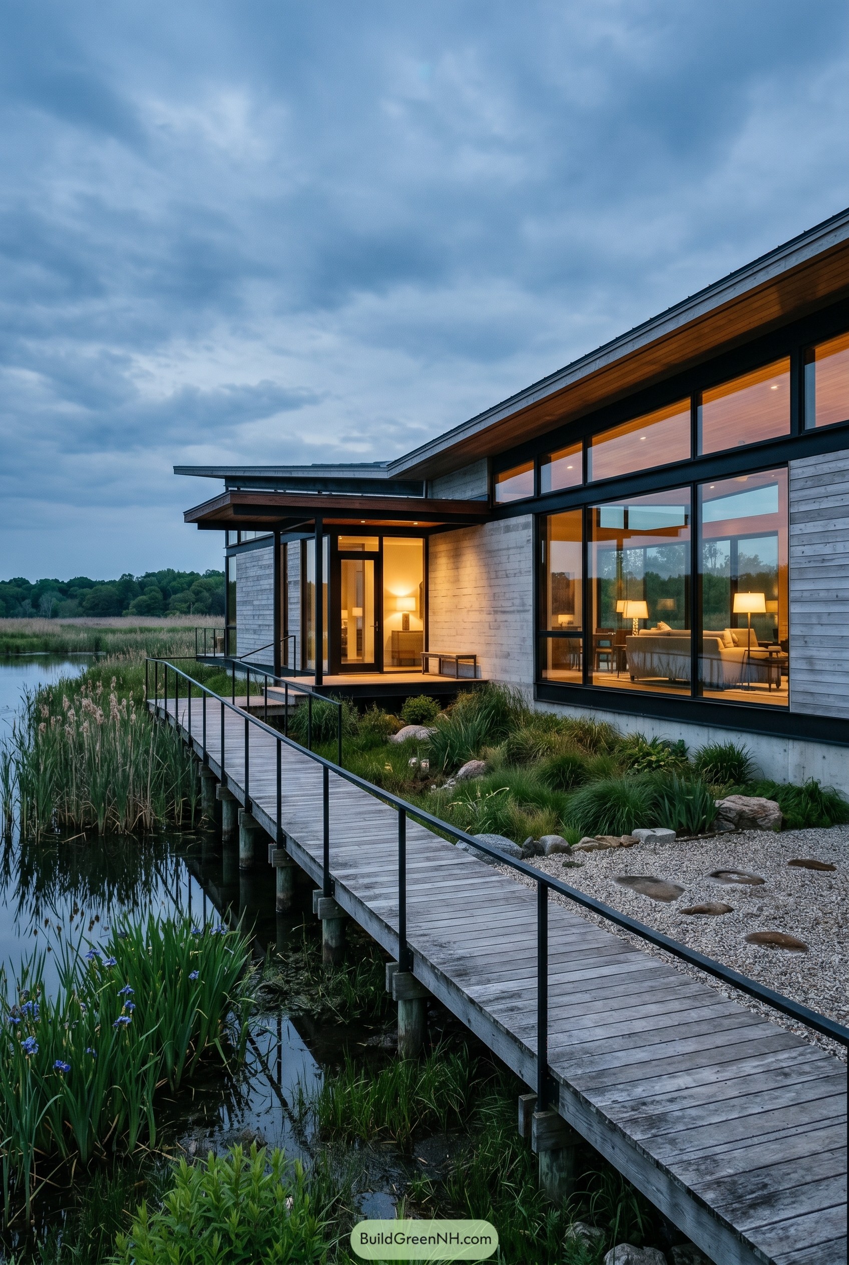One story modern house beside a marsh boardwalk